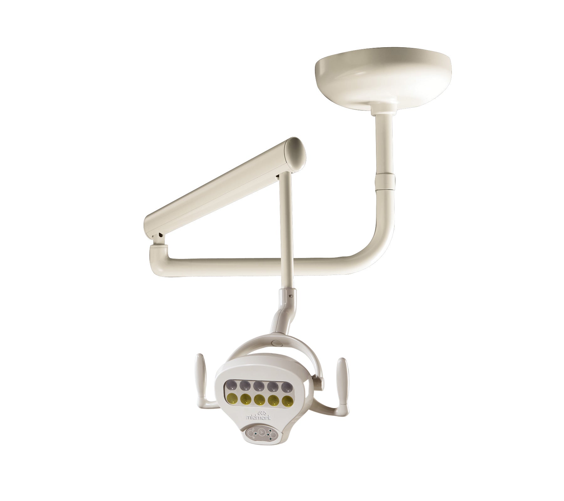 White ceiling mounted dental operating light with adjustable arm on a white background.