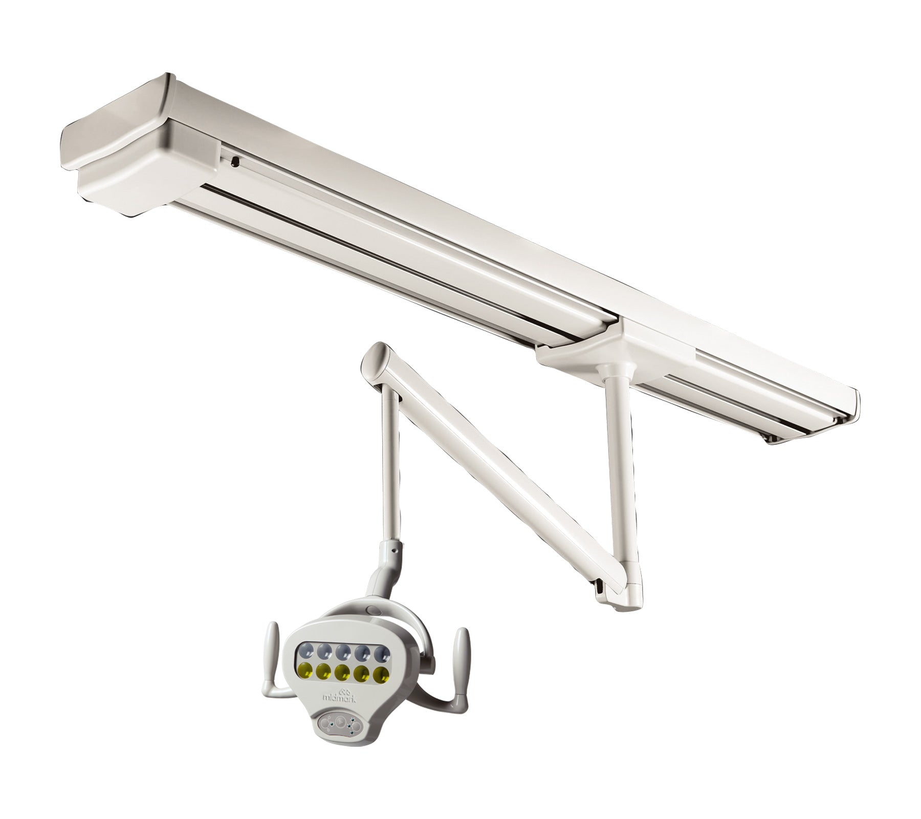 White ceiling mounted dental track light with adjustable arm on a white background.