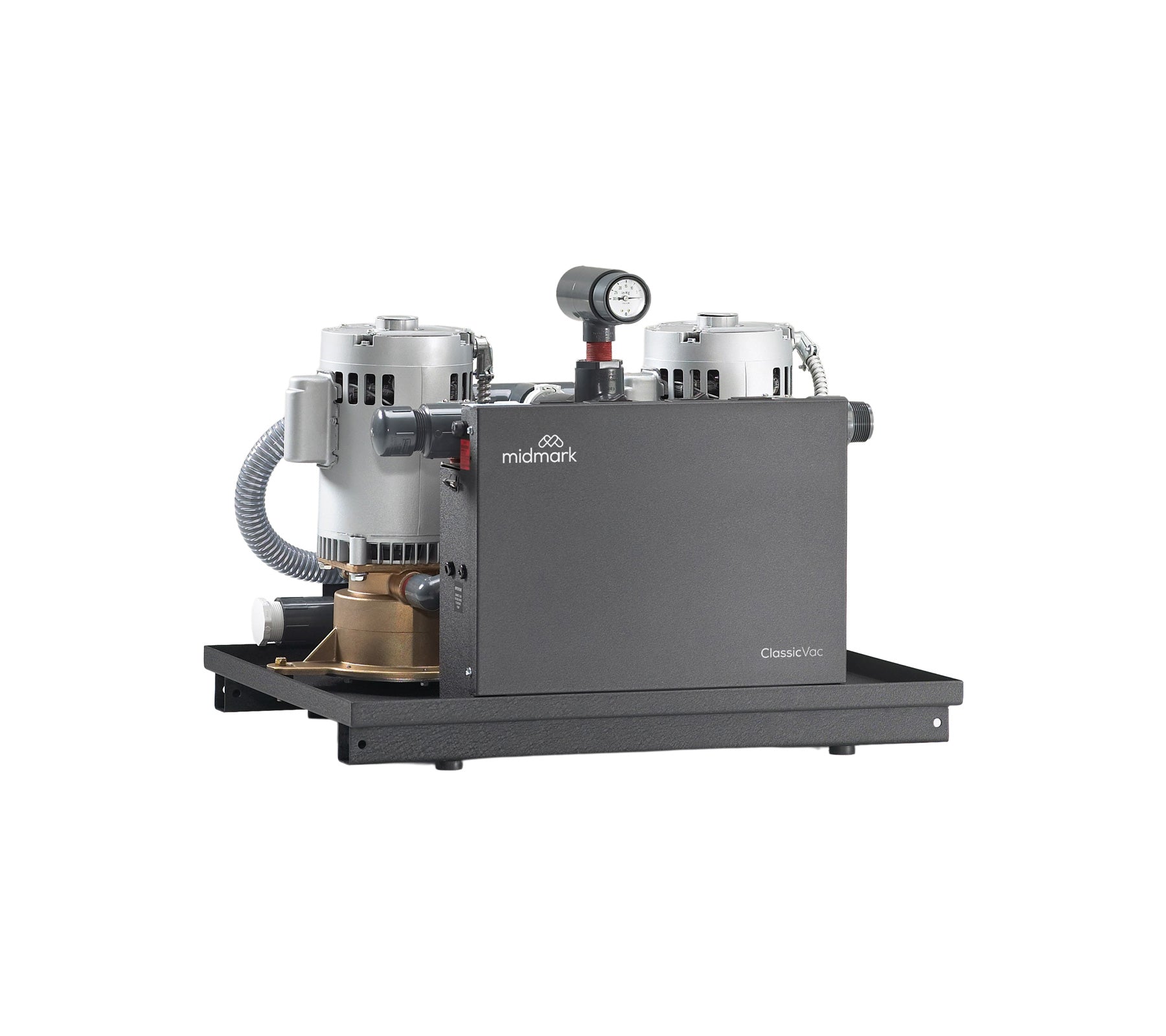 ClassicSeries wet ring vacuum unit with motor assembly, pressure gauge and enclosed housing on a white background.