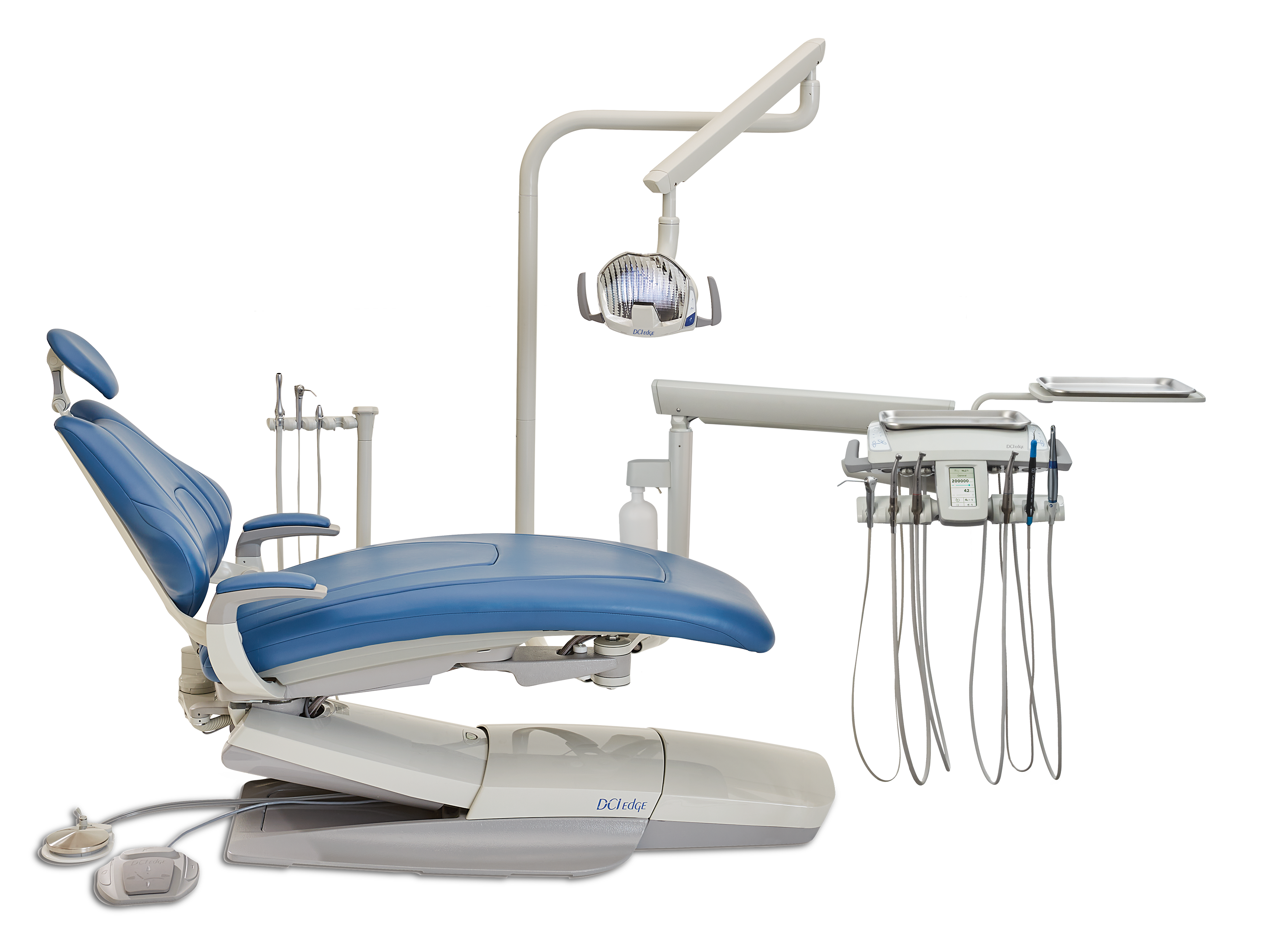 Blue DCI Edge Series 5 dental chair with delivery unit, assistant station and overhead operating light.