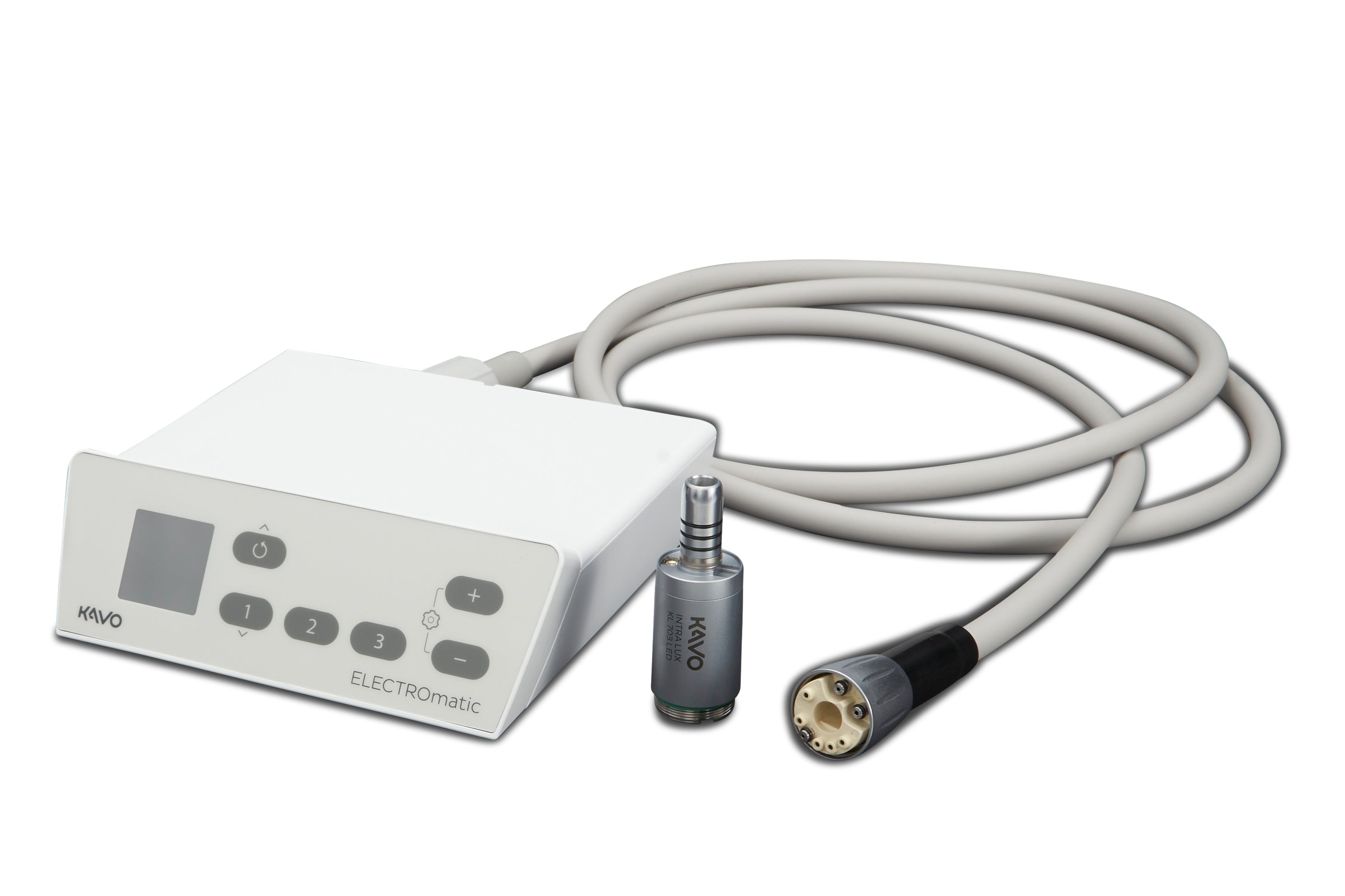 KaVo ELECTROmatic PM-L control unit with control buttons, motor and connecting cable on a white background.