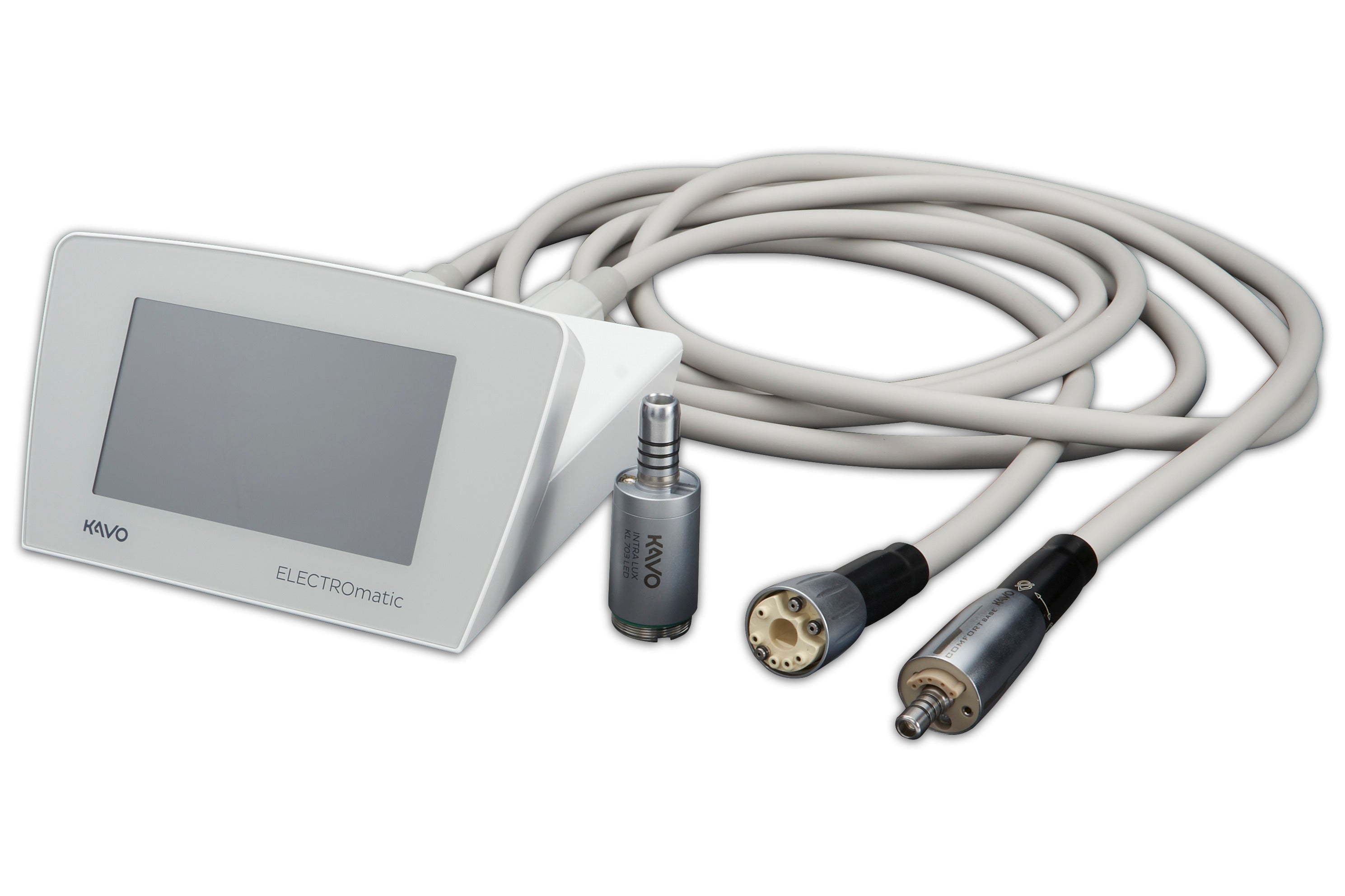 KaVo ELECTROmatic TMC-S control unit with touchscreen display, motor and connecting cables on a white background.