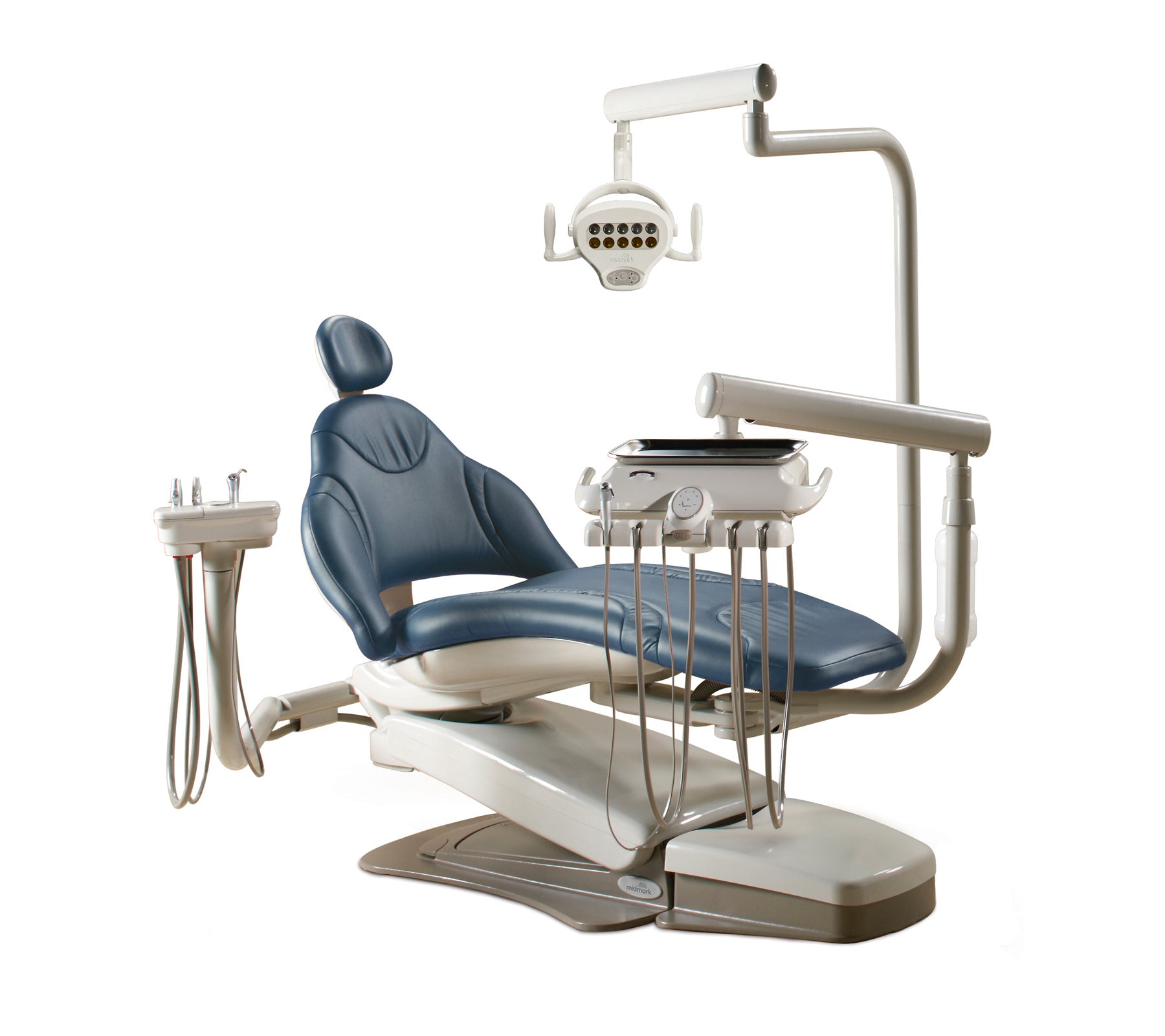 Blue KaVo ELIvance Procenter dental chair with operating light and tools on a white background.