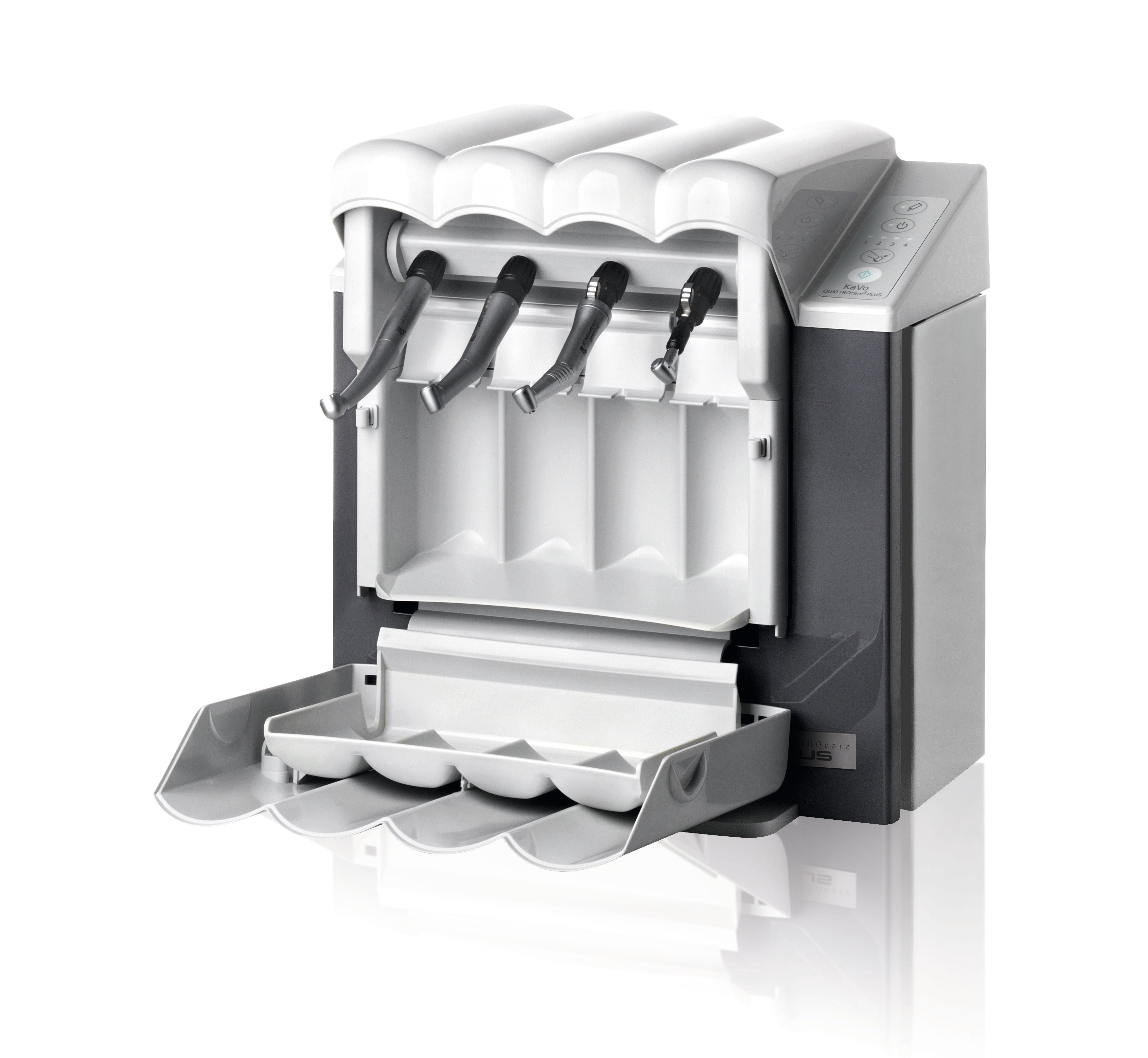 Open KaVo QUATTROcare maintenance unit with four dental handpiece holders on a transparent background.