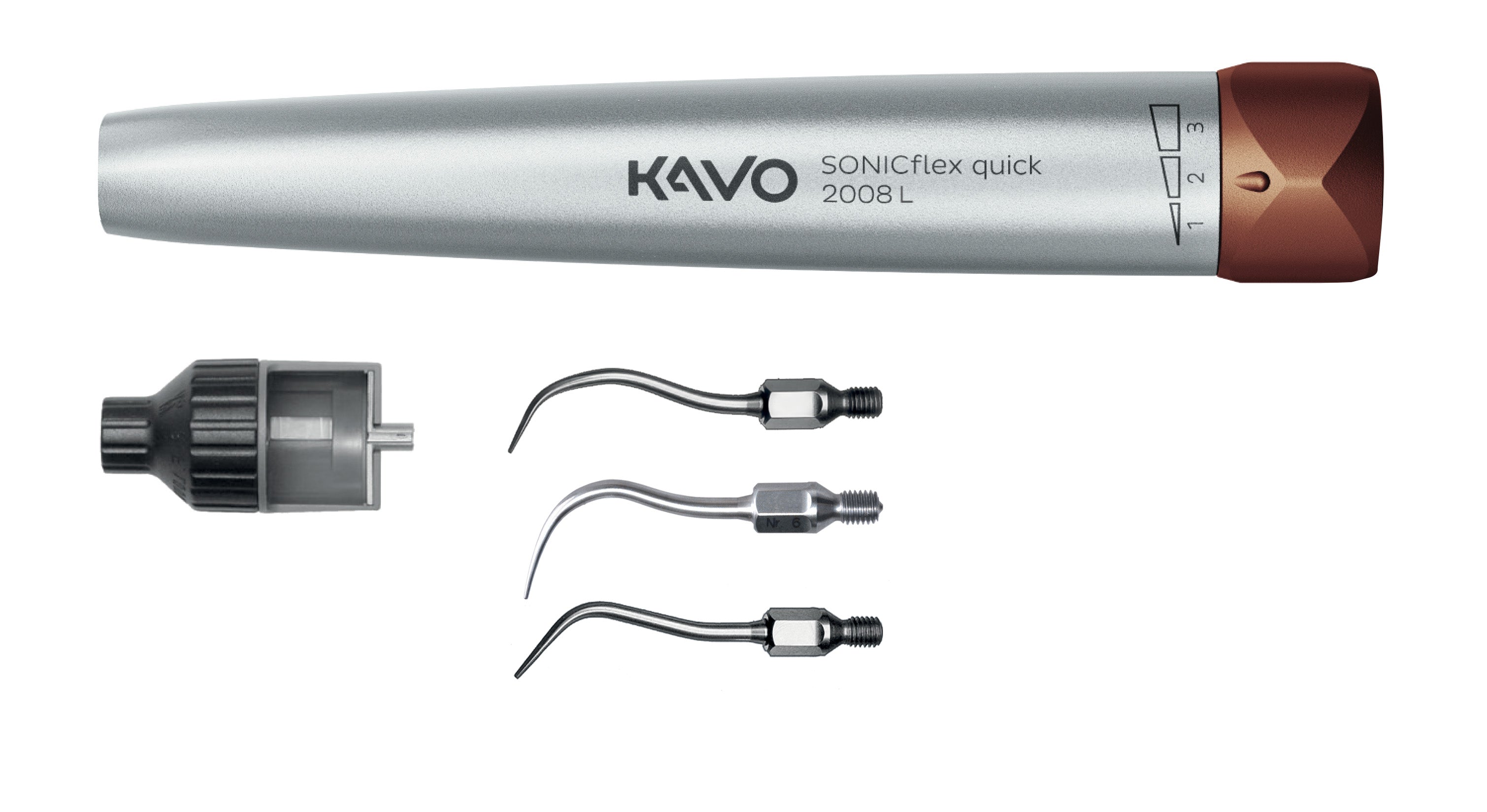 KaVo SONICflex quick 2008L dental scaler set with attachments on a white background.