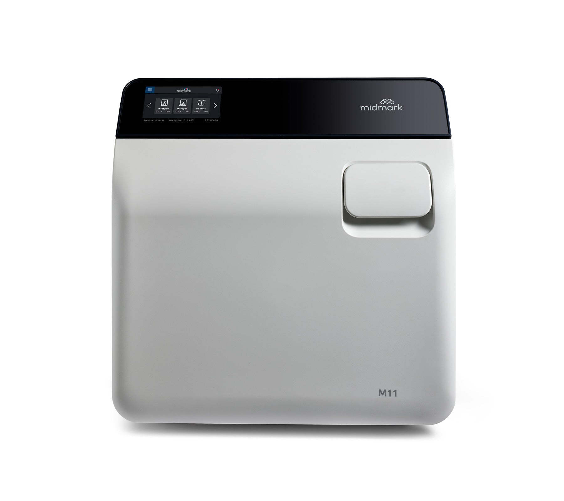 M11 steam sterilizer with digital control panel and front loading chamber door on a white background.