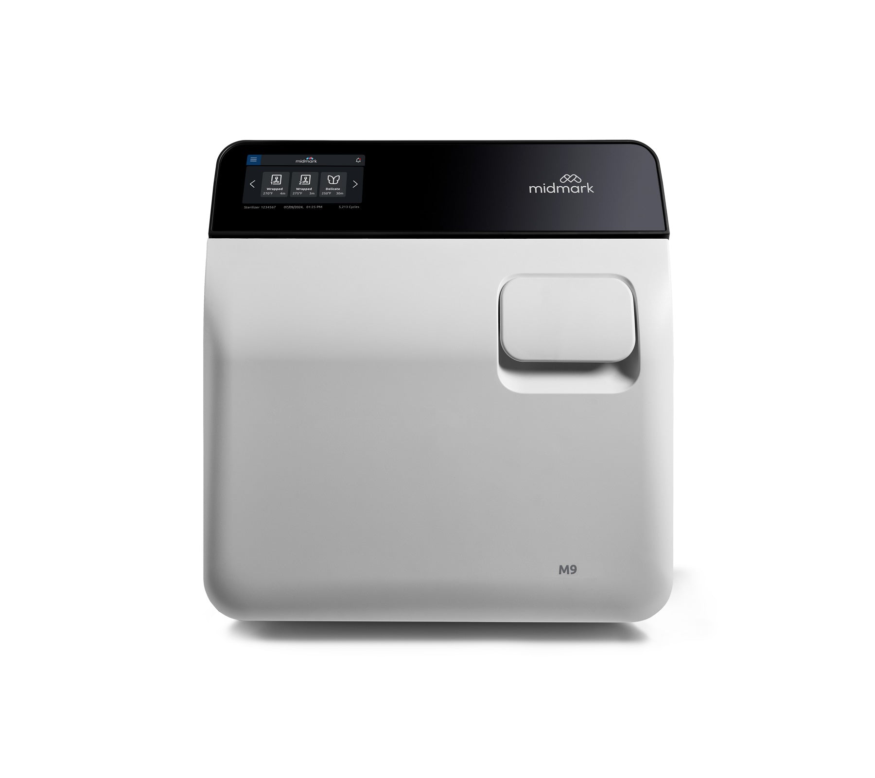 M9 steam sterilizer with digital control panel and front loading chamber door on a white background.