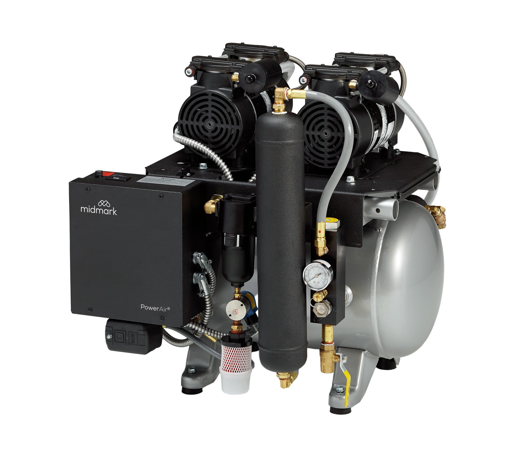 P22 air compressor with dual motor assembly, filtration components and air tank on a white background.