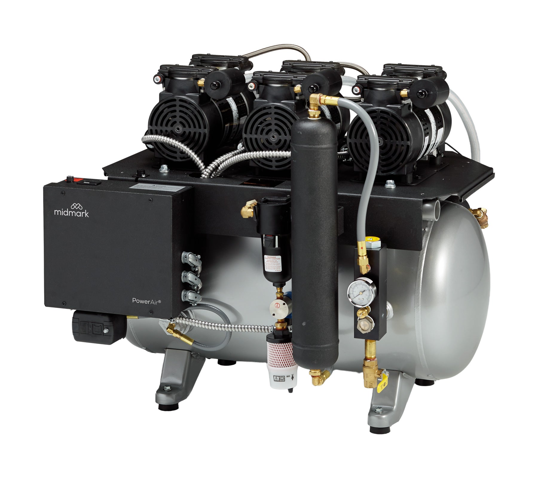 P32 air compressor with triple motor assembly, filtration system and air tank on a white background.