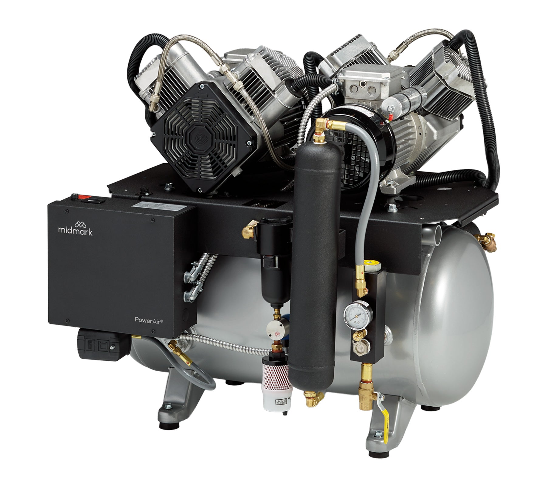 P52 air compressor with dual motor assembly, filtration components and air tank on a white background.