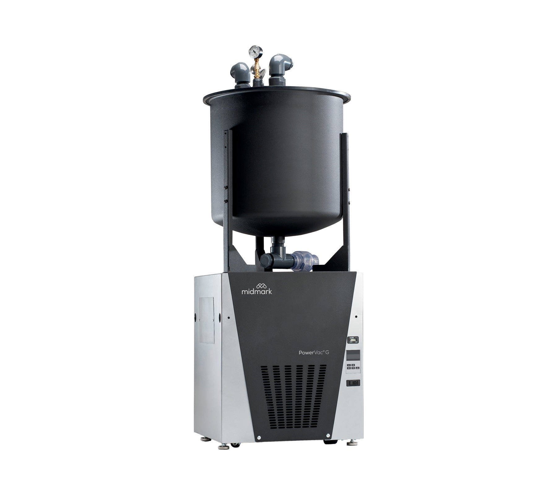 PowerVac G vacuum system with collection tank, motor housing and filtration unit on a white background.