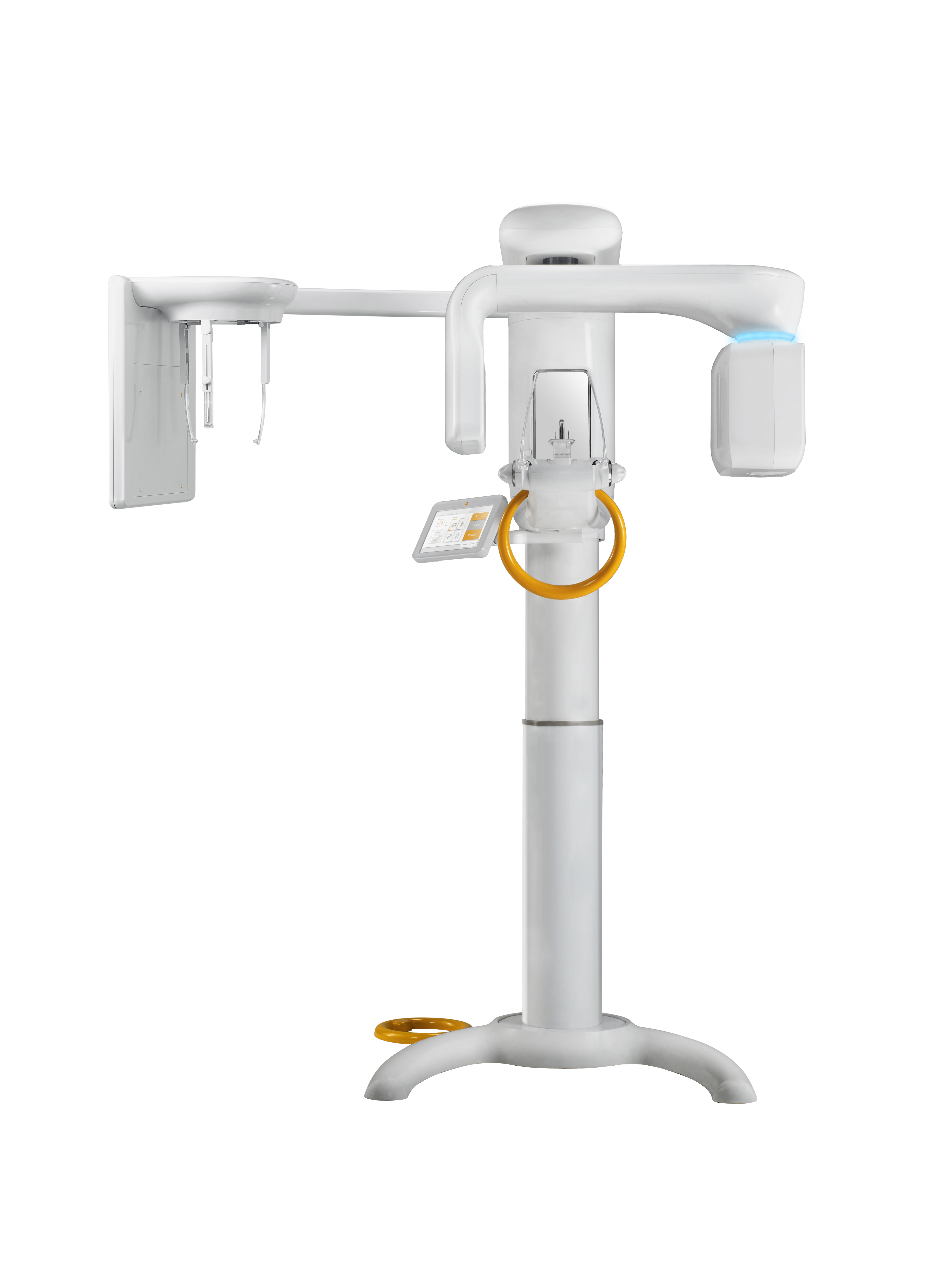 RAYSCAN Alpha dental imaging system with cephalometric arm, panoramic scanner and patient positioning supports on a transparent background