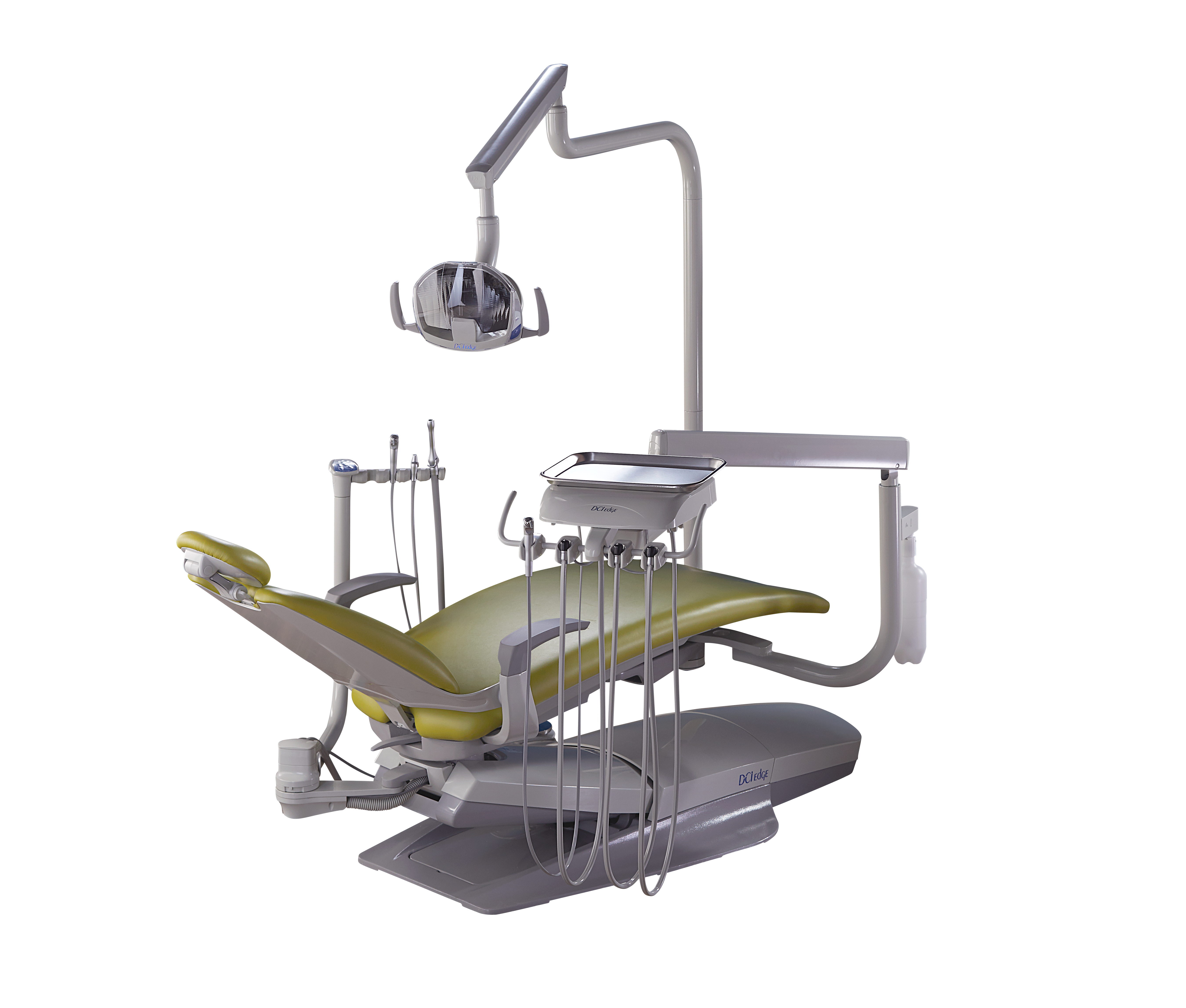 Dental chair package with assistant unit, overhead light and instrument delivery system on a transparent background.