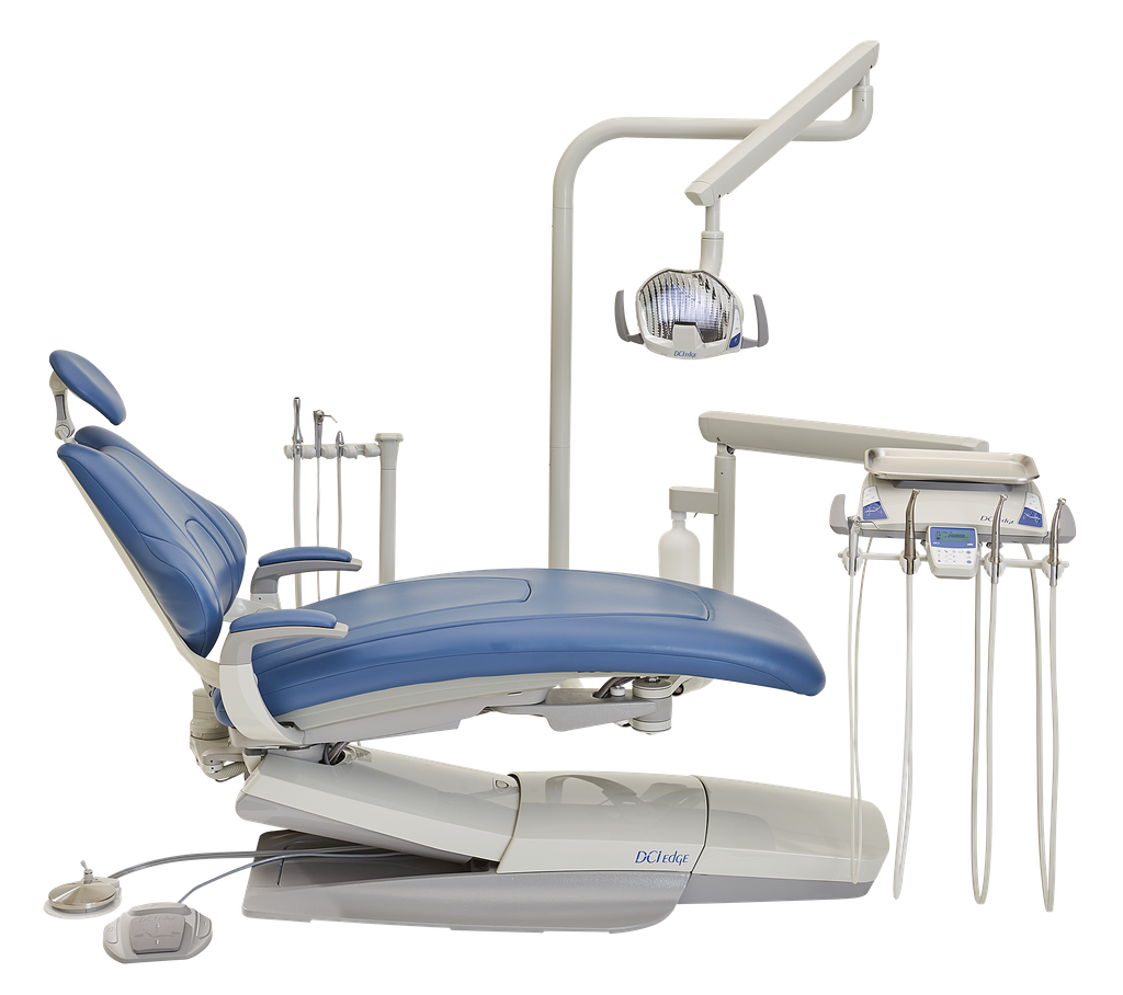 Blue dental chair with assistant unit, overhead light and instrument delivery system on a transparent background.