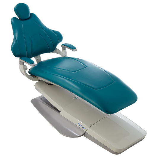 Teal reclining dental patient chair with padded headrest and armrests on a transparent background.