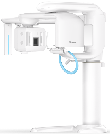 Vision 20 CBCT system with cephalometric arm and patient positioning unit on a transparent background.