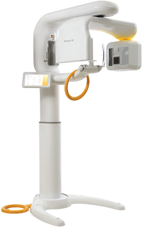 Vision 03 panoramic dental imaging system with patient positioning supports and scanning unit on a transparent background.
