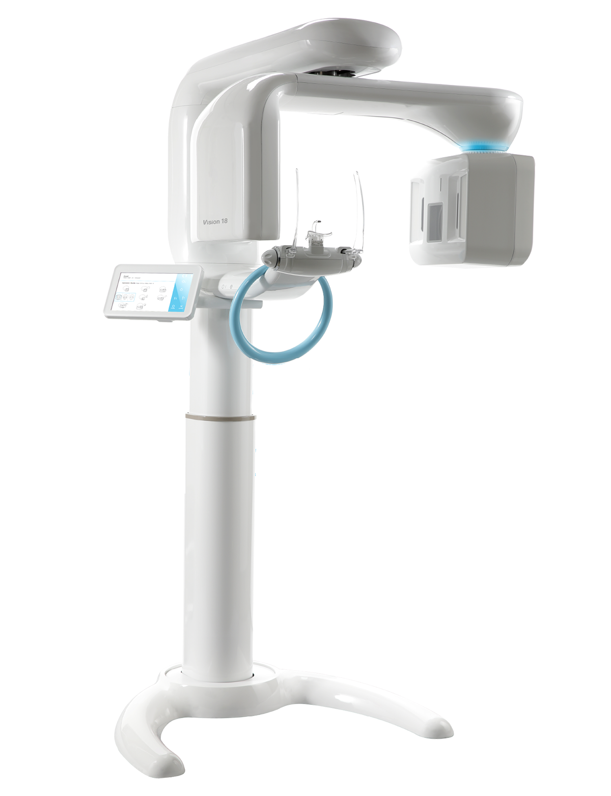 Vision 18 panoramic dental imaging system with touchscreen control panel and scanning arm on a transparent background.