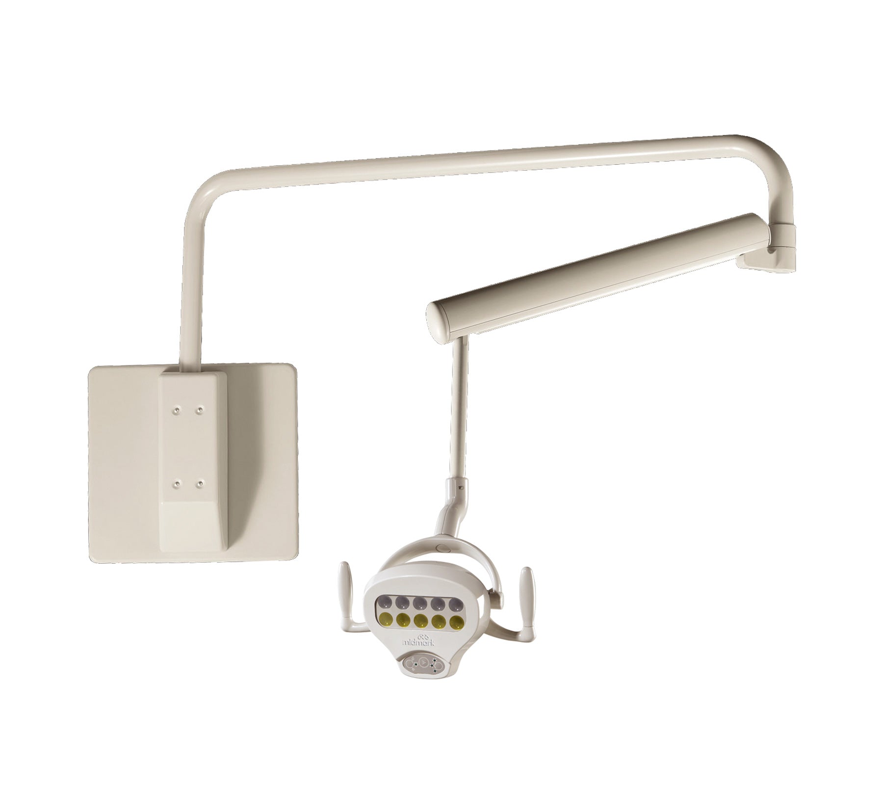 White wall mounted dental examination light with adjustable arm on a white background.