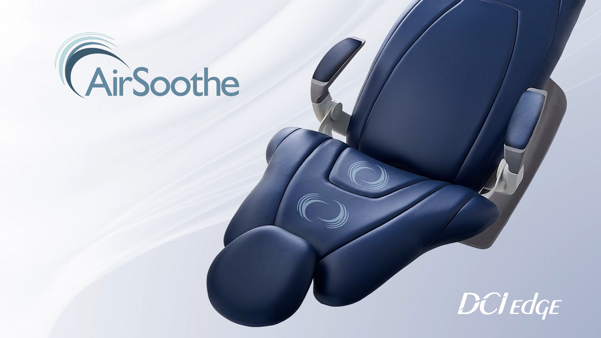Blue AirSoothe dental chair cushion with armrests and DCI Edge branding on a light background.