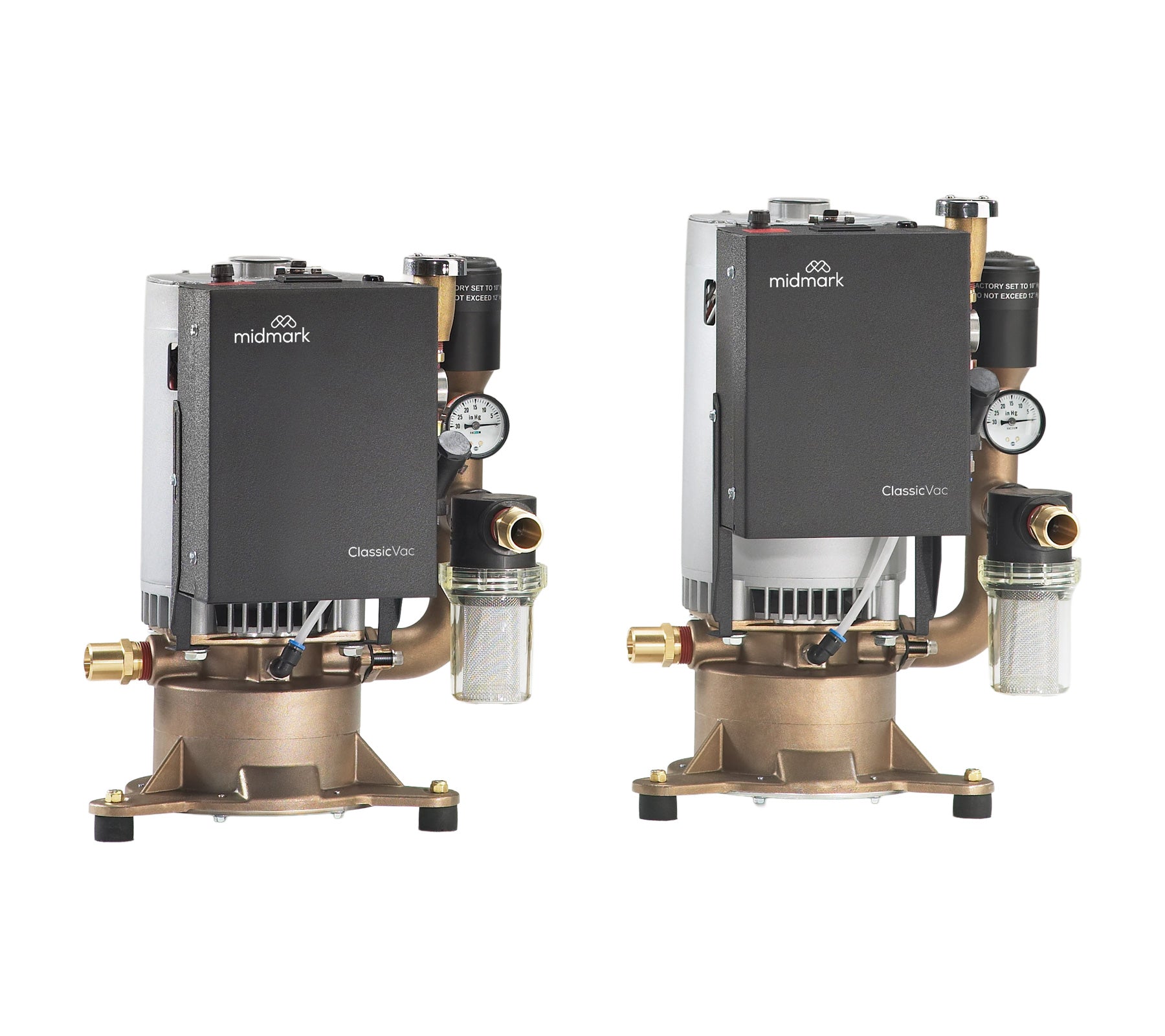CV3 and CV5 vacuum pumps with enclosed motor housings, pressure gauges and filtration components on a white background.