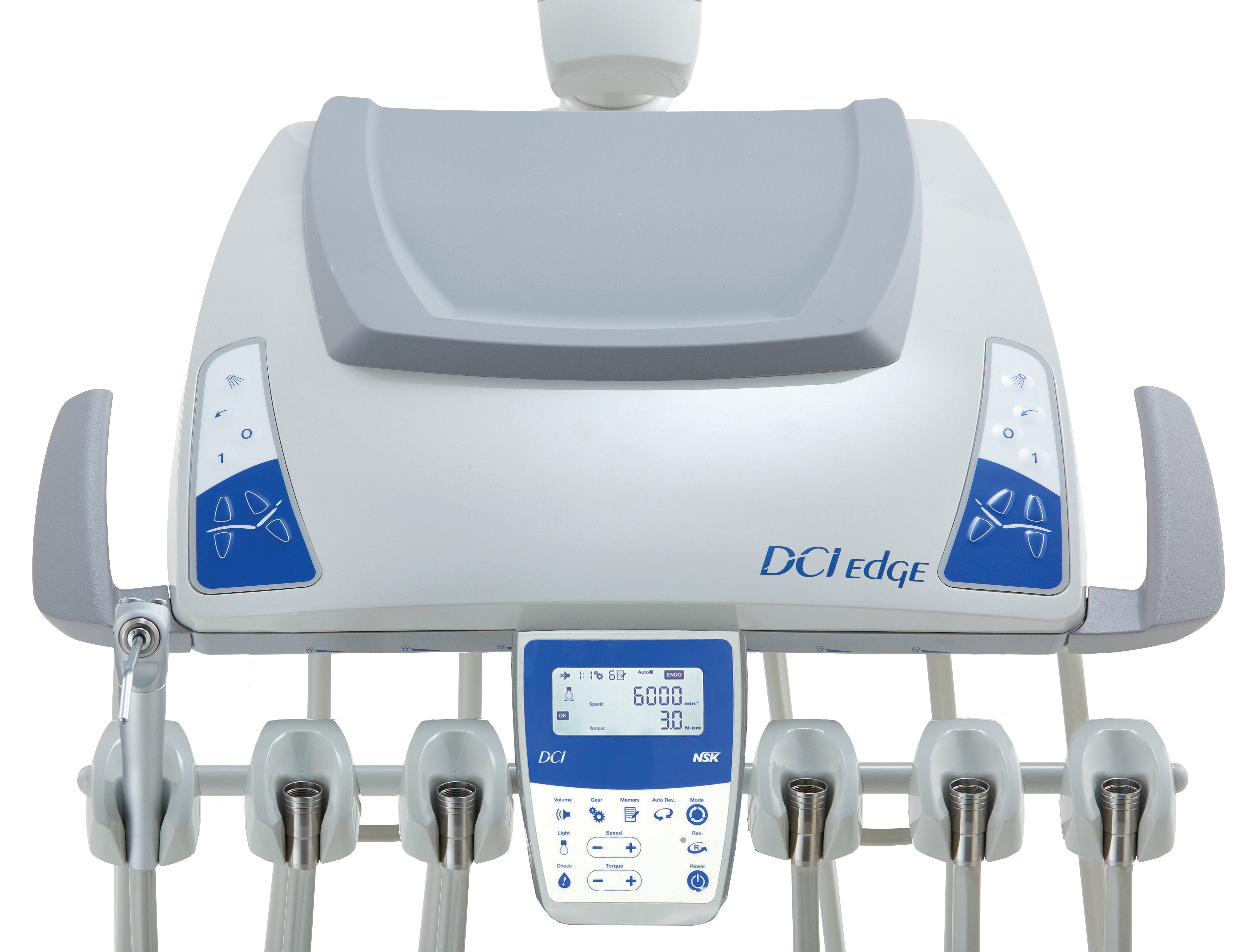 DCI Edge Series 5 delivery unit with NSK electric motor integration, fibre optic handpieces and digital control panel.