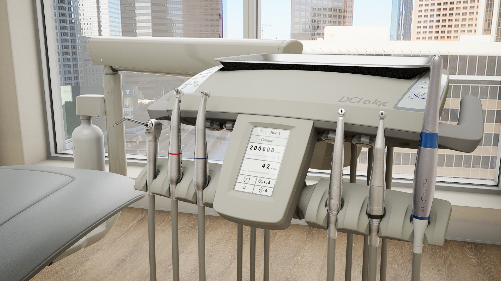 DCI Edge Series 5 dental delivery unit with touchscreen control panel and multiple handpieces in a treatment room.