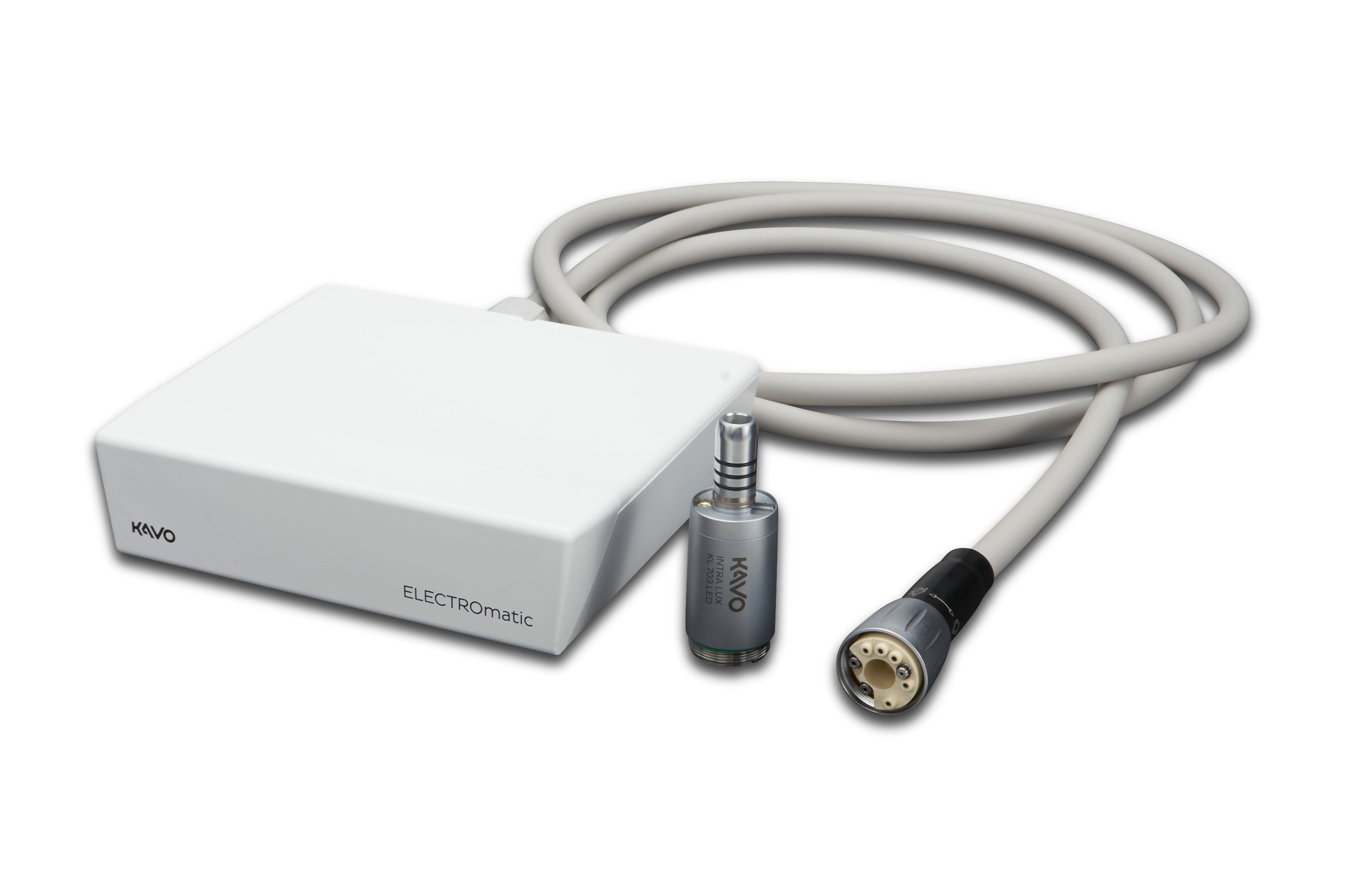 KaVo ELECTROmatic M-S control unit with motor and connecting cable on a white background.