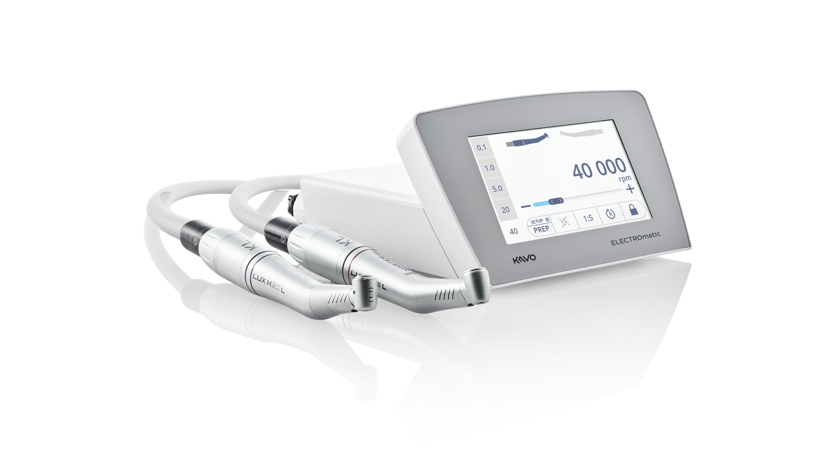 KaVo ELECTROmatic Premium angled interface with touchscreen display and connected dental handpieces on a transparent background.