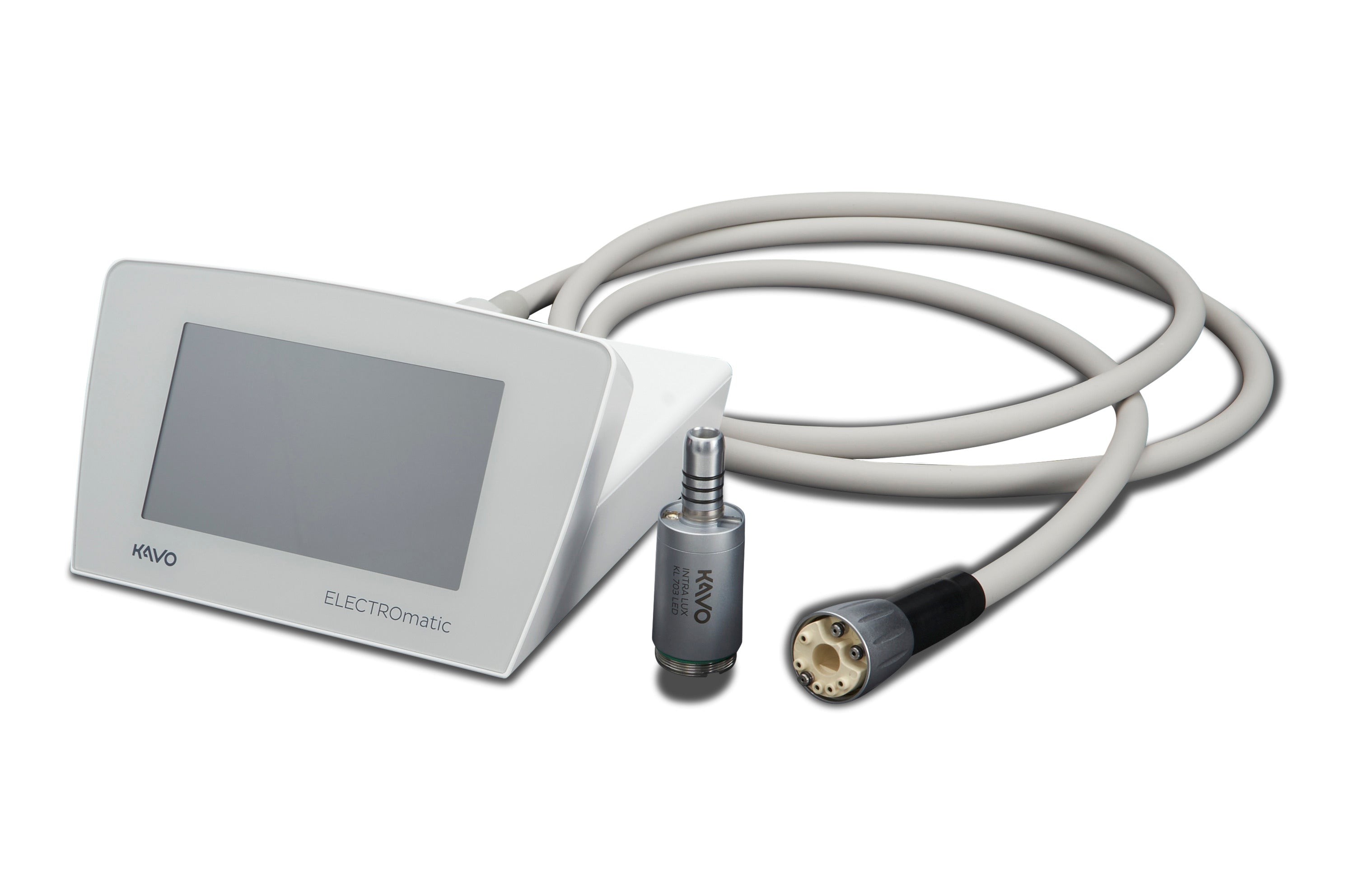 KaVo ELECTROmatic TM-L control unit with touchscreen display, motor and connecting cable on a white background.