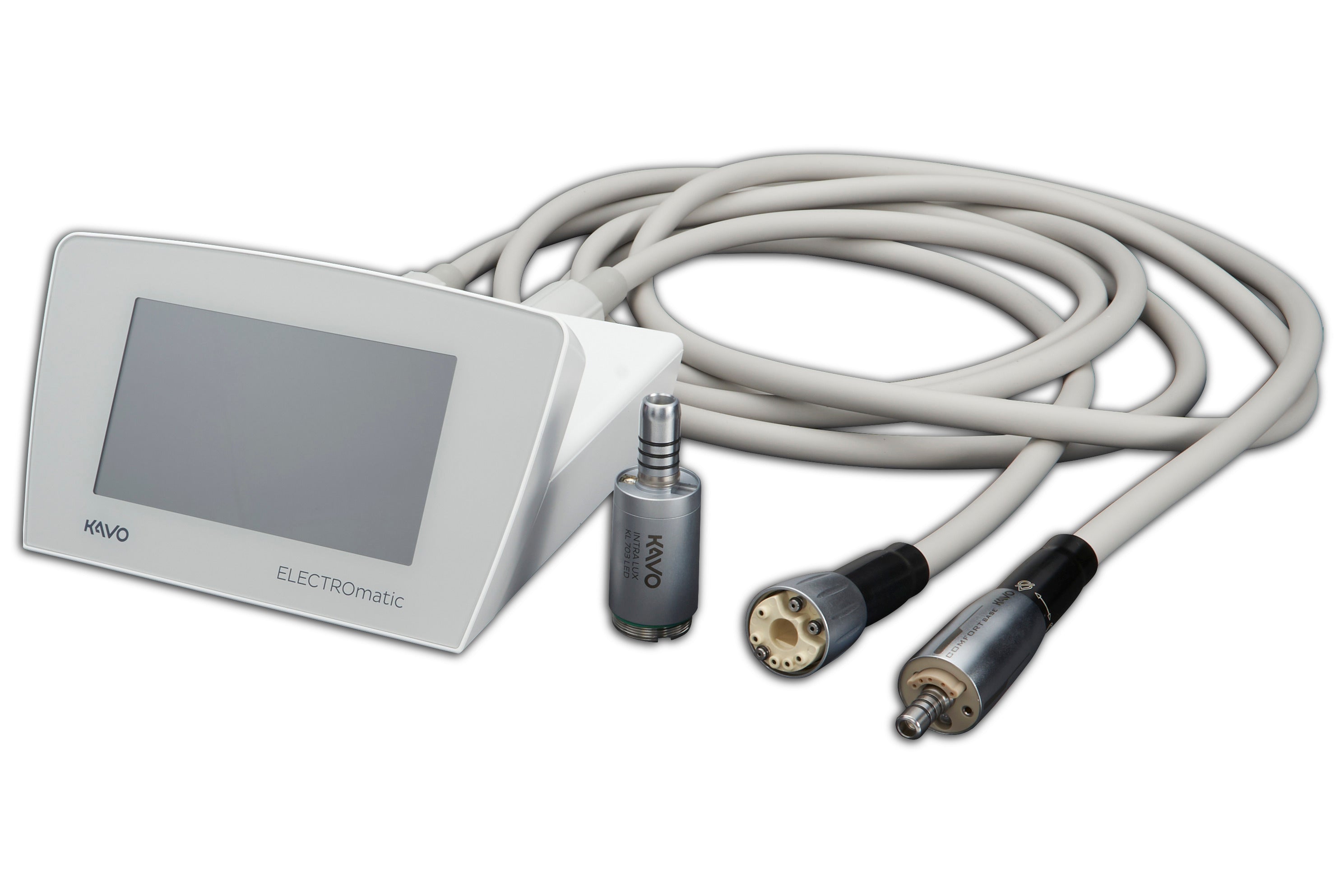 KaVo ELECTROmatic TMC-L control unit with touchscreen display, motor and connecting cables on a white background.