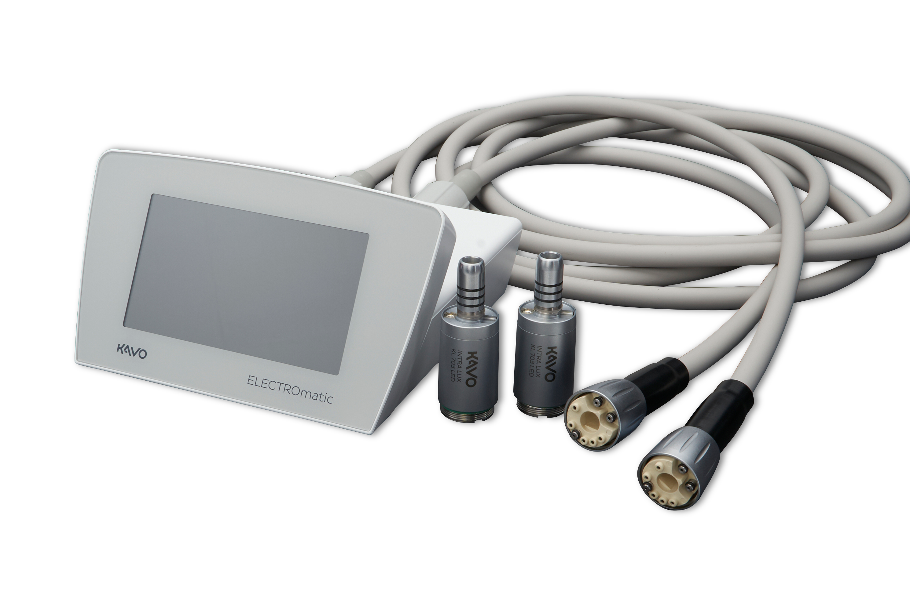 KaVo ELECTROmatic control unit with touchscreen display, dual motors and connecting cables on a transparent background.