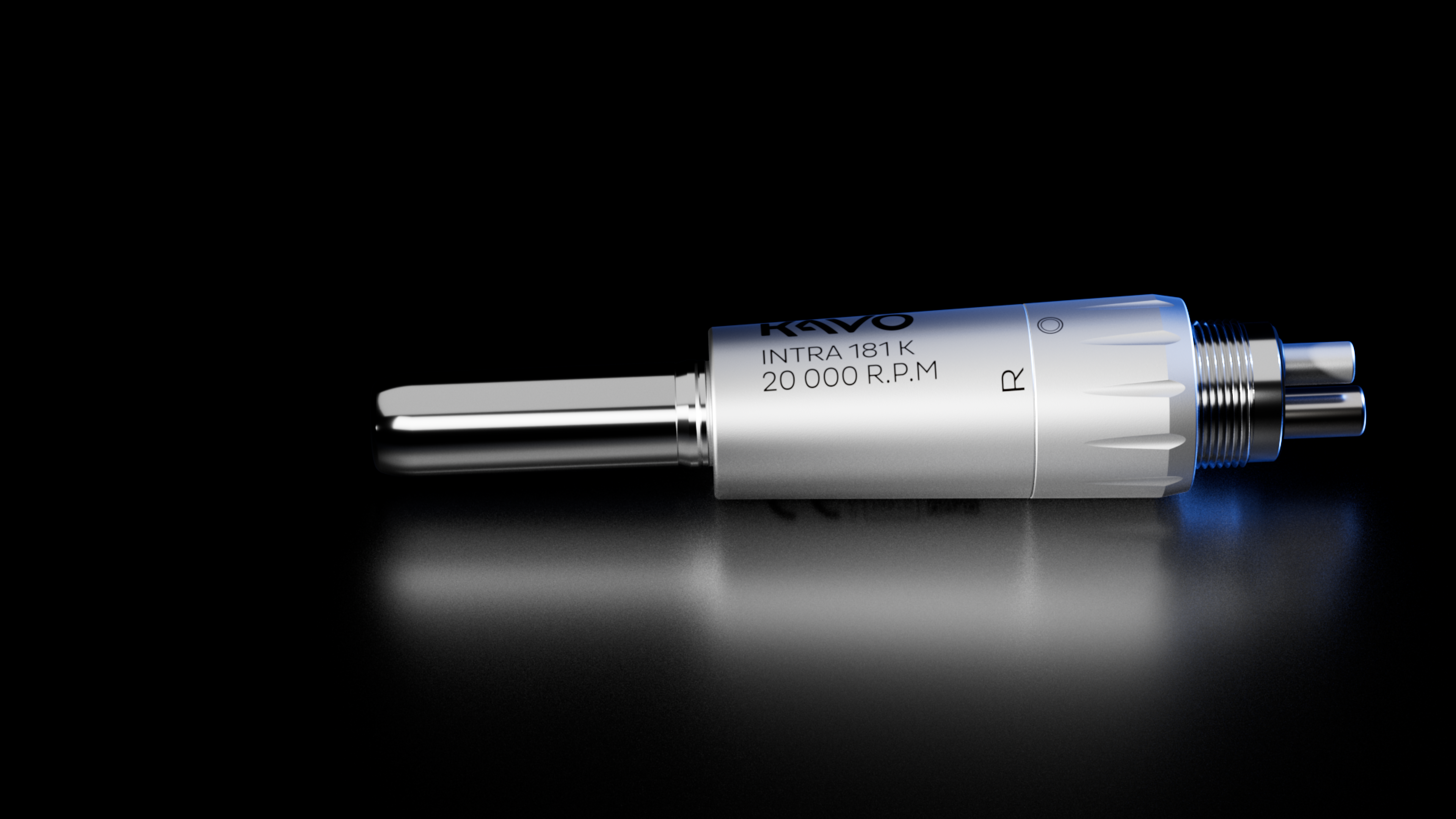 Silver KaVo INTRA 181 K motor on a black background with blue lighting.