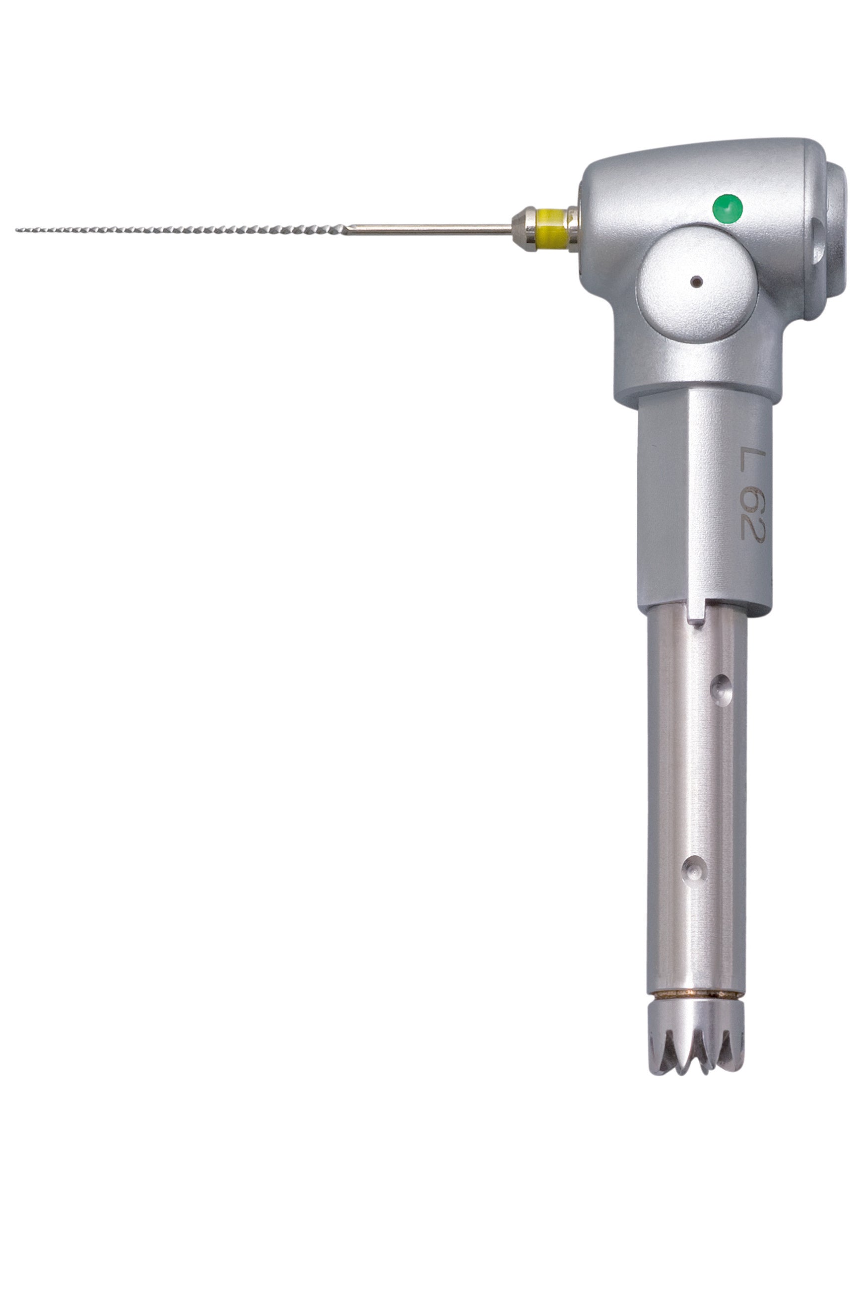 Silver KaVo INTRA Head L62 dental attachment with endodontic file on a transparent background.