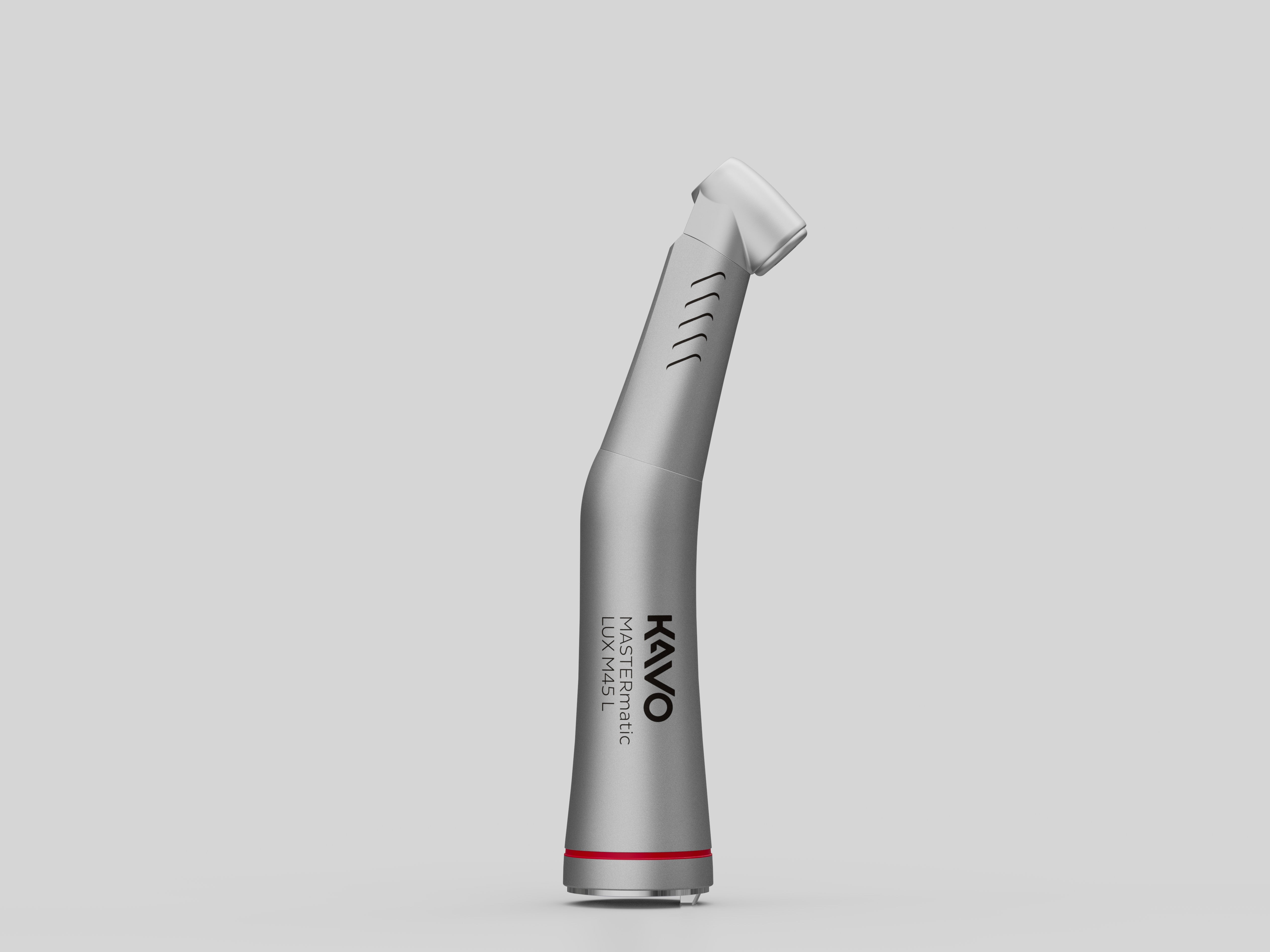 Silver KaVo MASTERmatic LUX M45-L dental contra-angle handpiece on a light grey background.
