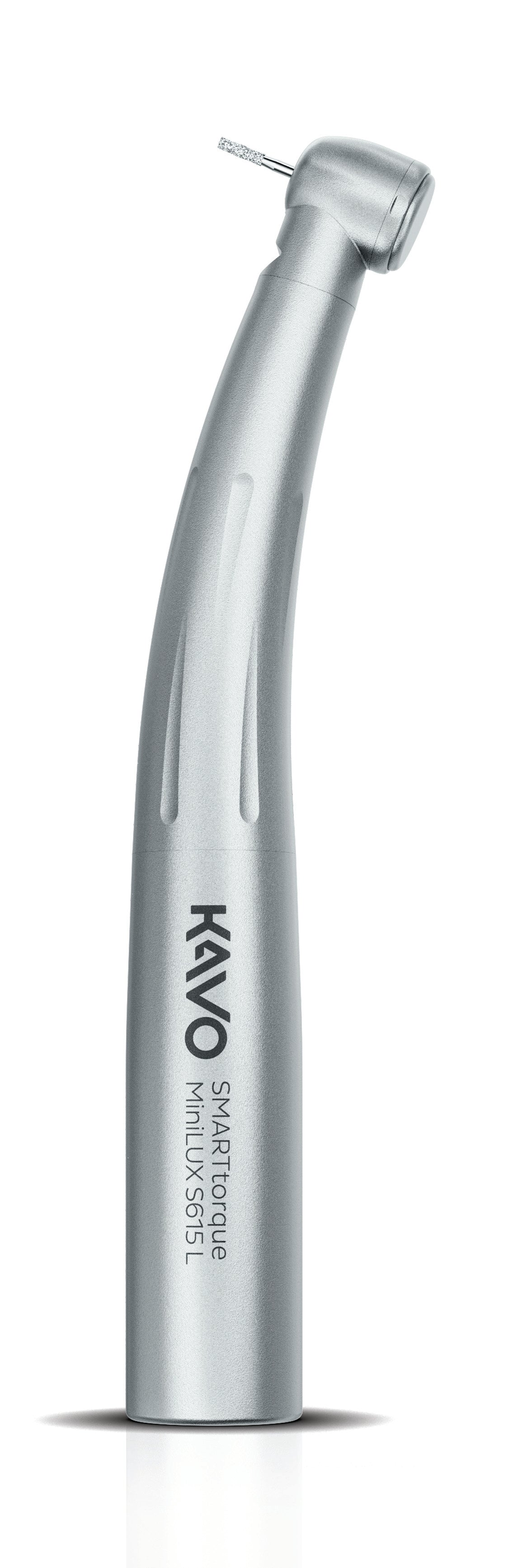Silver KaVo SMARTtorque Mini LUX S615 L dental handpiece on a transparent background.