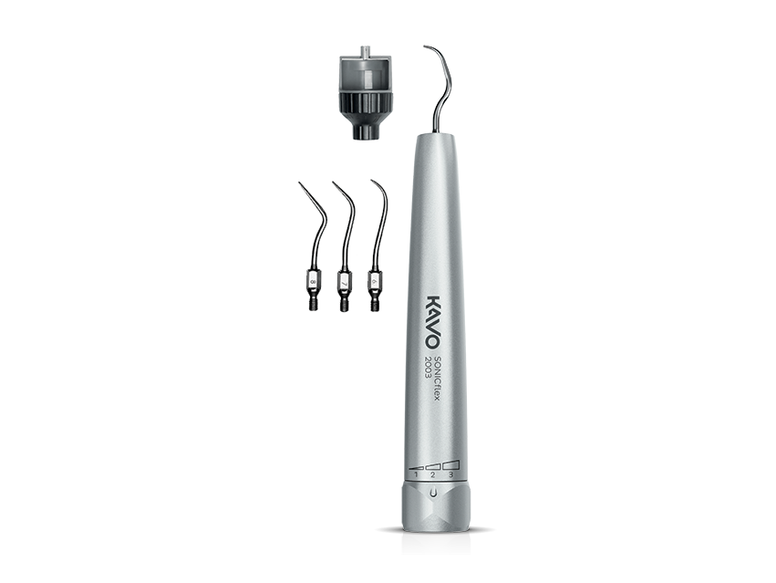 KaVo SONICflex 2003 dental scaler set with attachments on a transparent background.