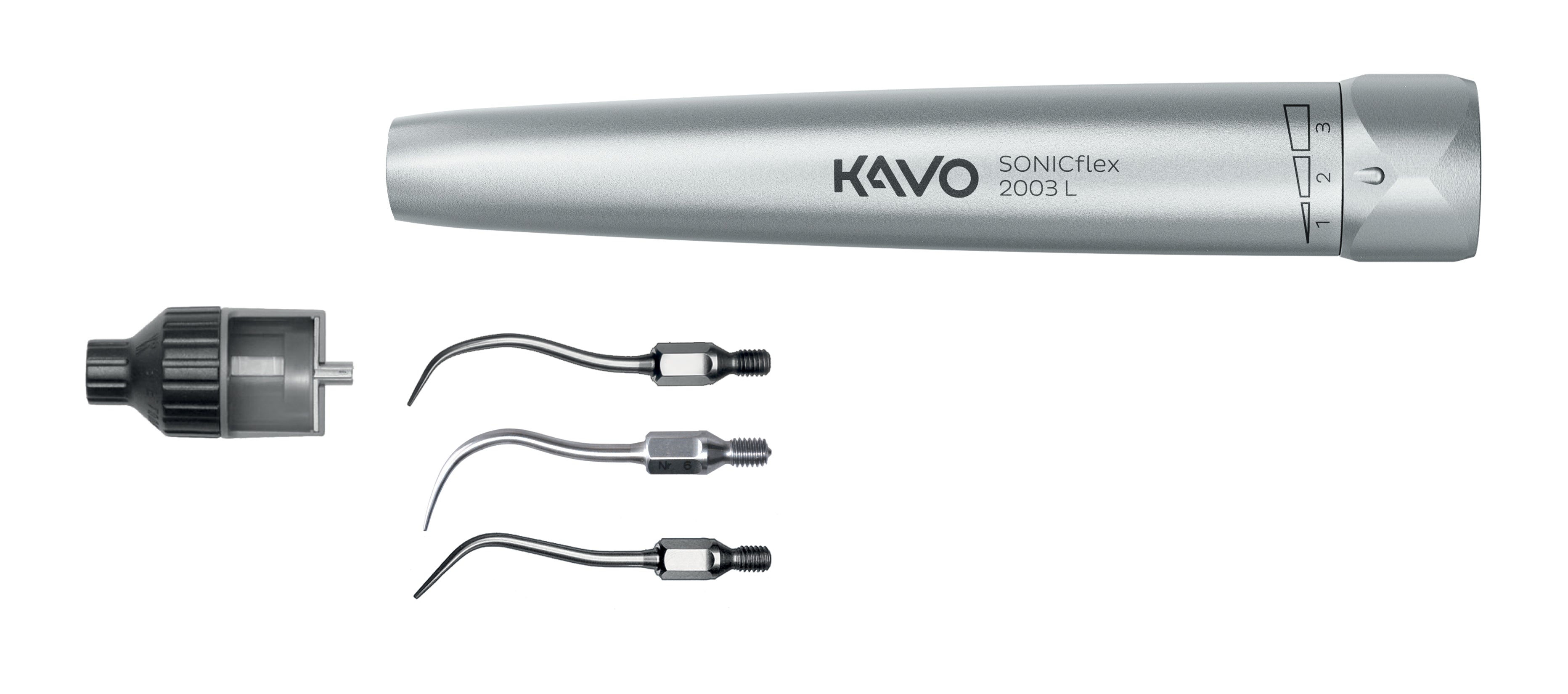 KaVo SONICflex LUX 2003L dental scaler set with attachments on a white background.