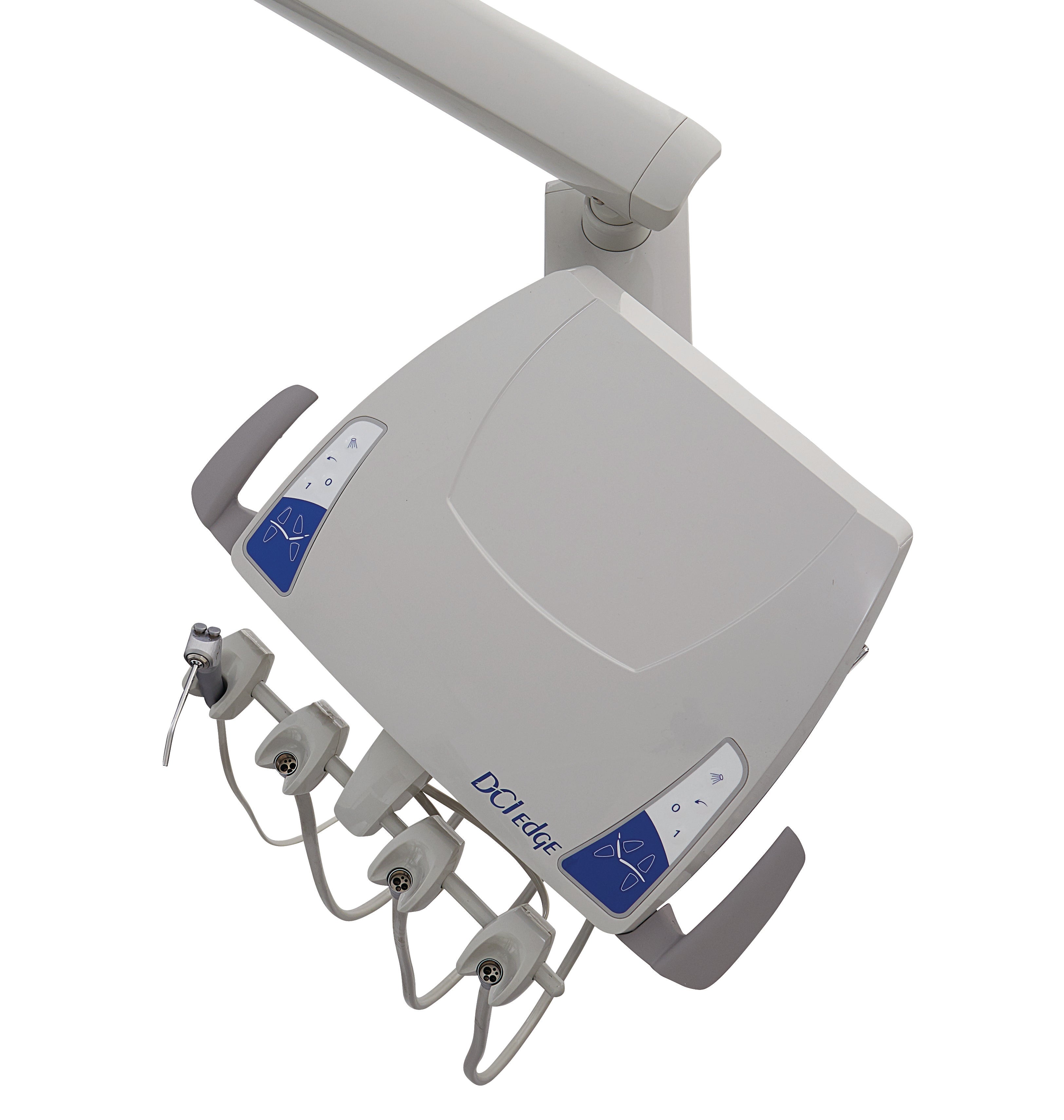 Pivot style dental delivery unit with handpiece holders and control panel mounted on an articulated arm.