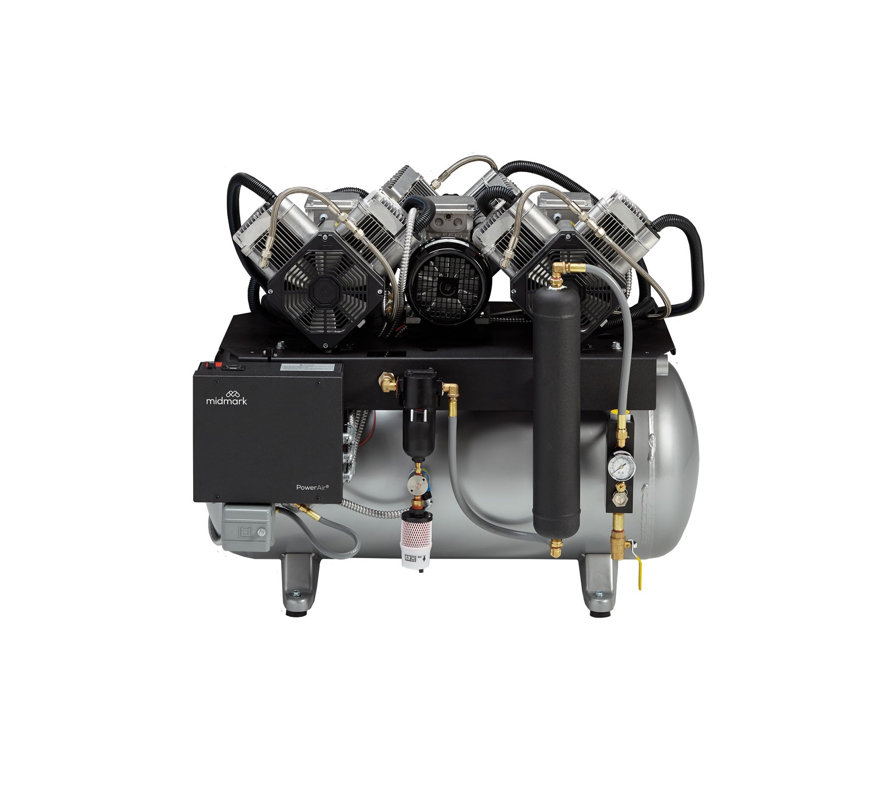 PowerAir oil less air compressor with dual motor assembly and air tank on a white background.