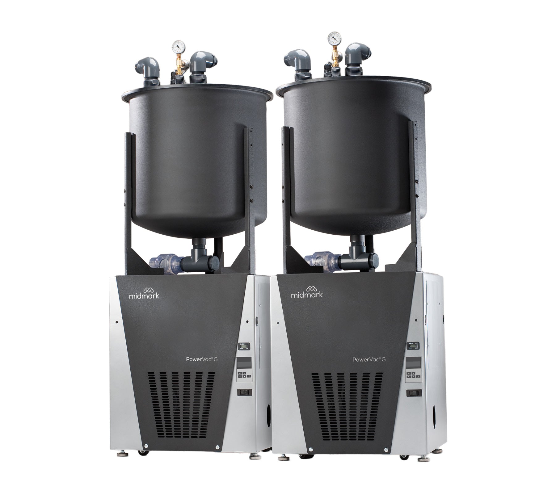 PowerVac G Twin vacuum system with dual collection tanks, filtration components and base units on a white background.