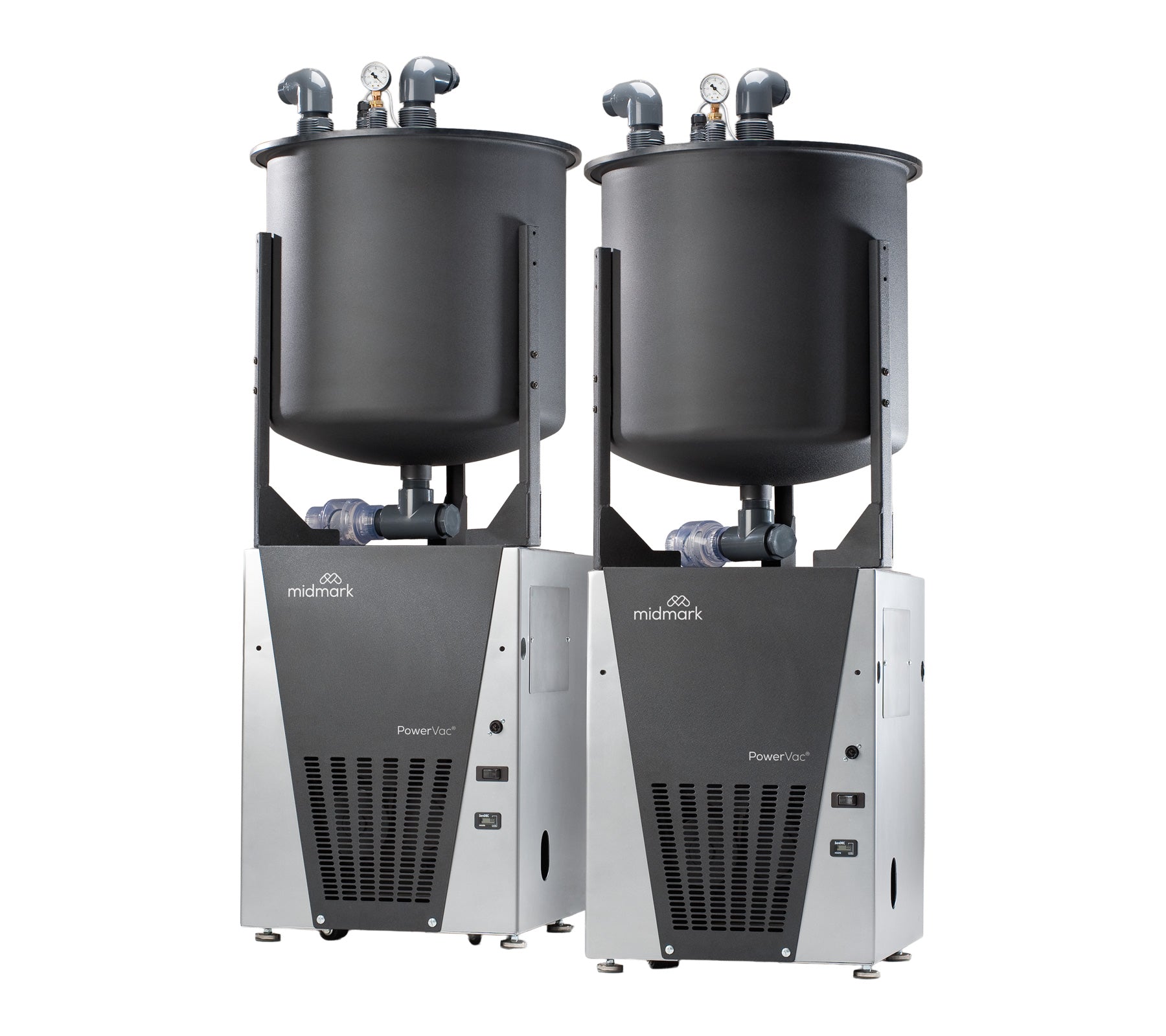 PowerVac Twin vacuum system with dual collection tanks and filtration units on a white background.