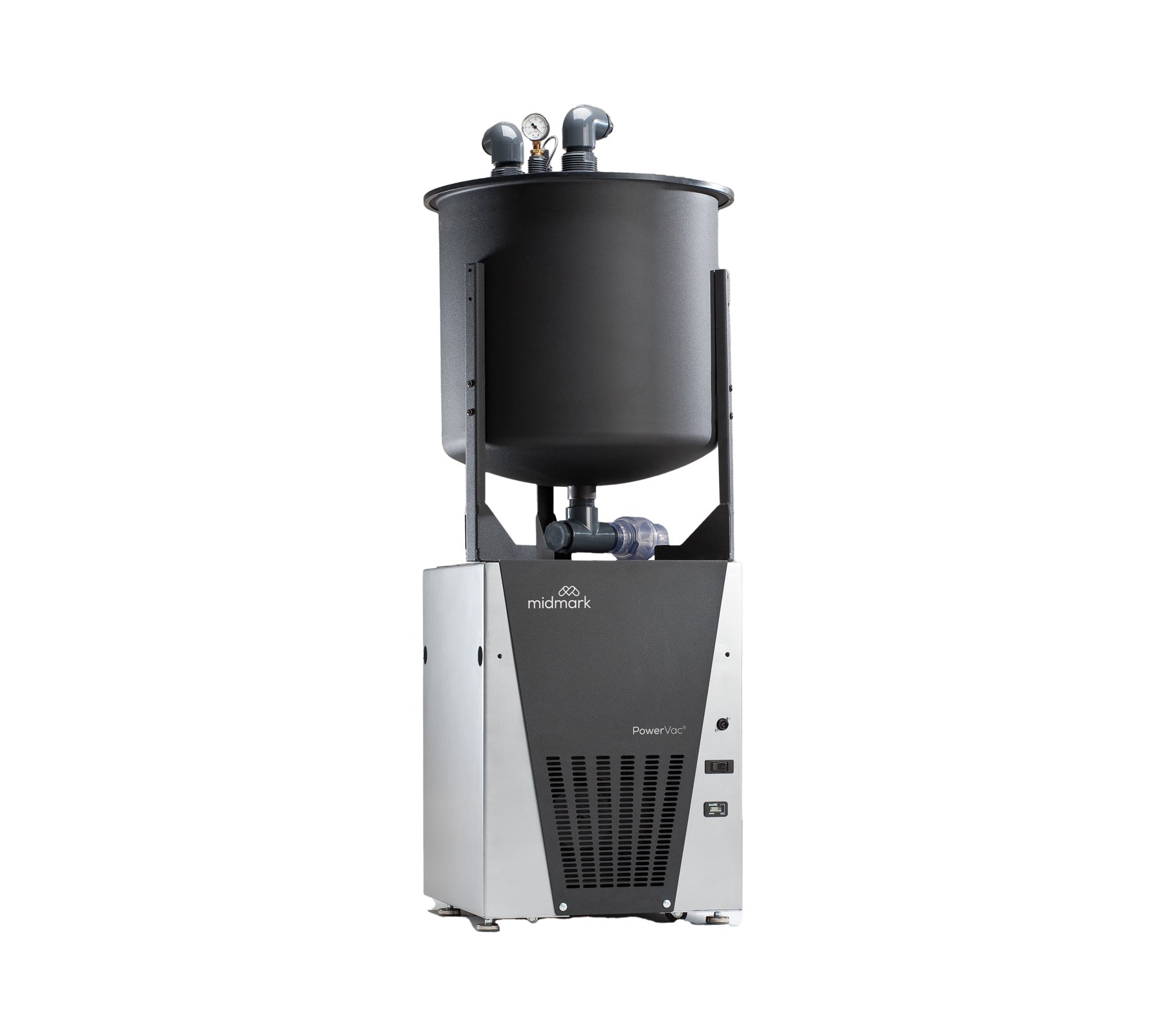 PowerVac oil less dry vacuum system with cylindrical collection tank and compact base unit on a white background.