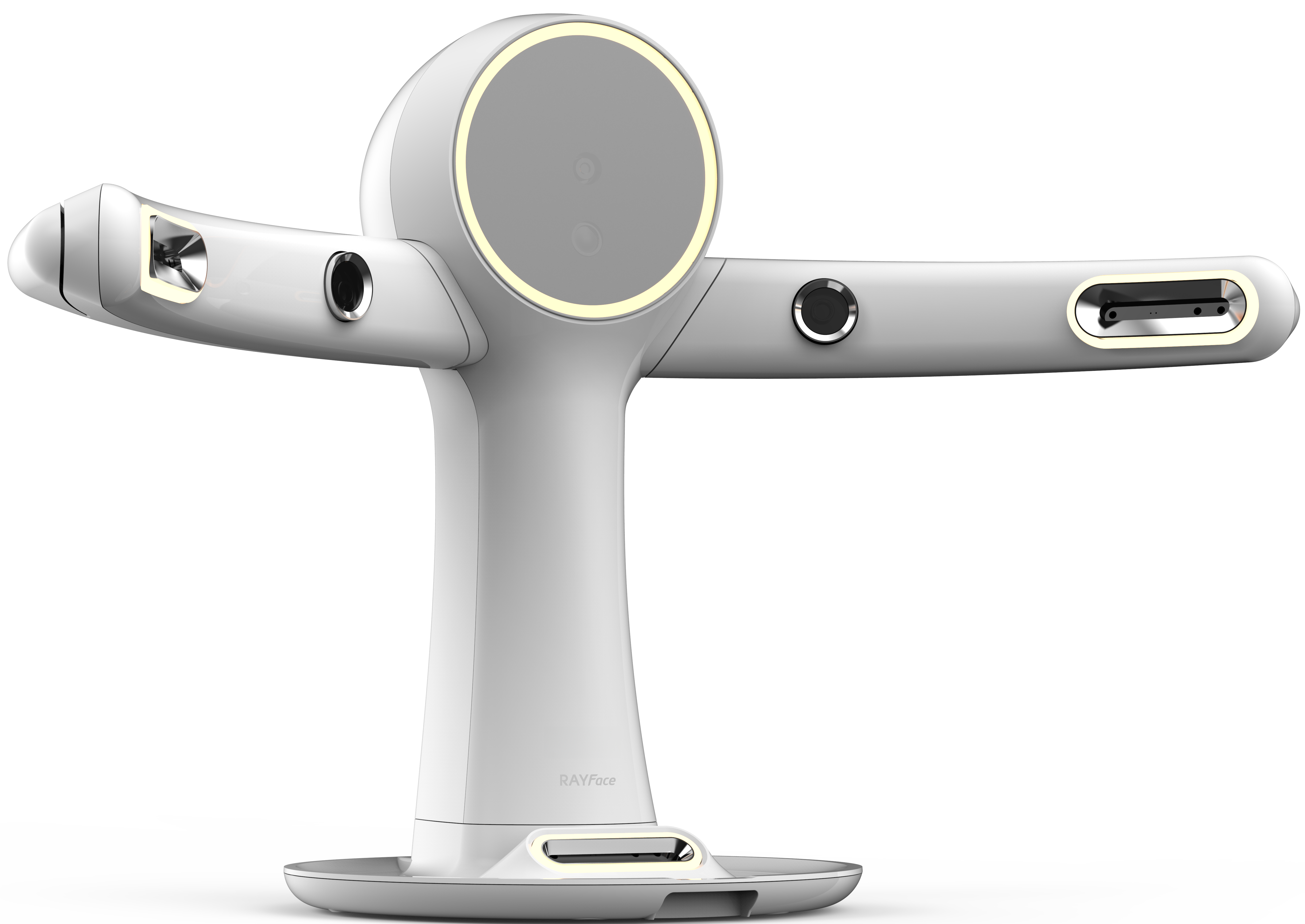 RAYFace facial scanner with dual camera arms and central scanning unit on a transparent background.