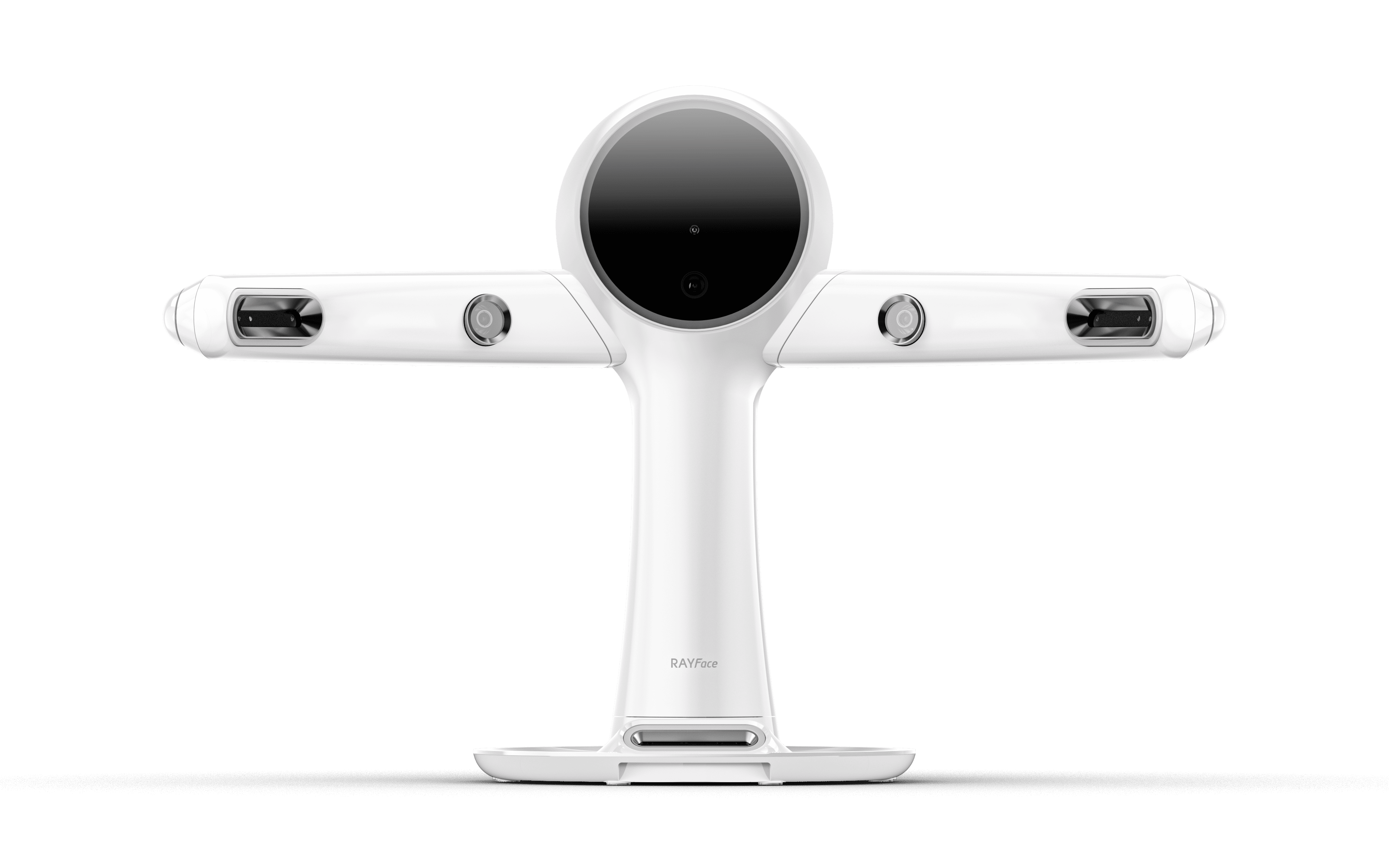 RAYFace facial scanner with dual camera arms and central scanning unit shown from the rear on a transparent background.