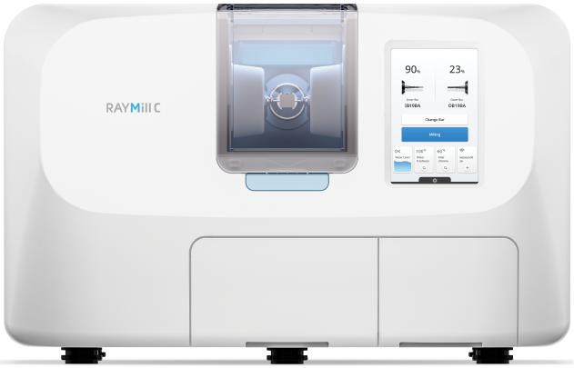 RAYMill C-05 dental milling machine with touchscreen display and enclosed milling chamber on a white background.