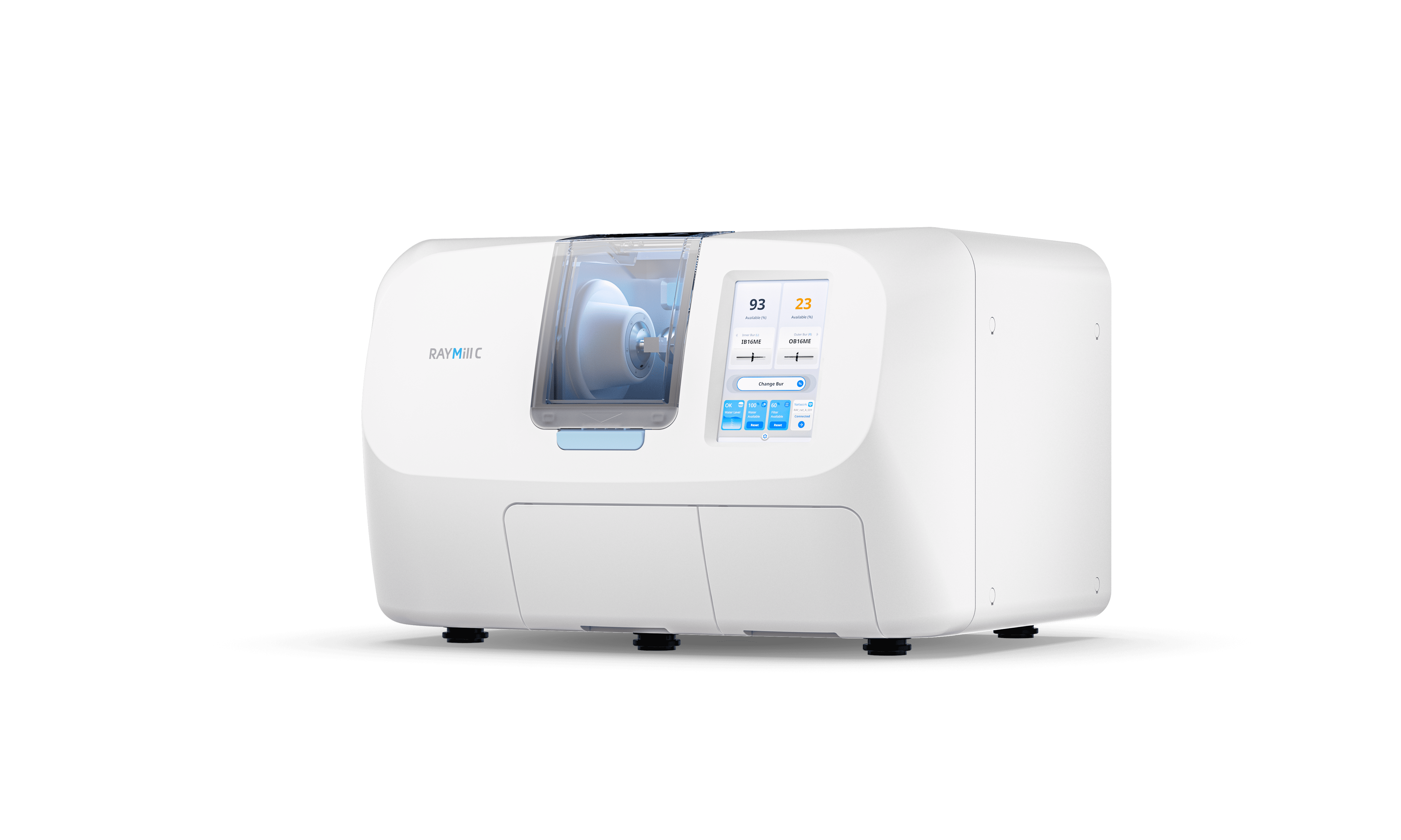 RAYMill C dental milling machine with touchscreen display and enclosed milling chamber shown at a 45 degree angle.