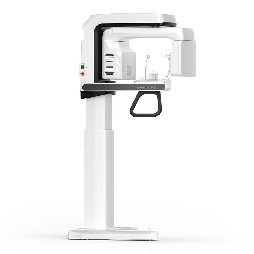 RAY Quantum panoramic dental imaging system with patient positioning handle and scanning unit on a white background.