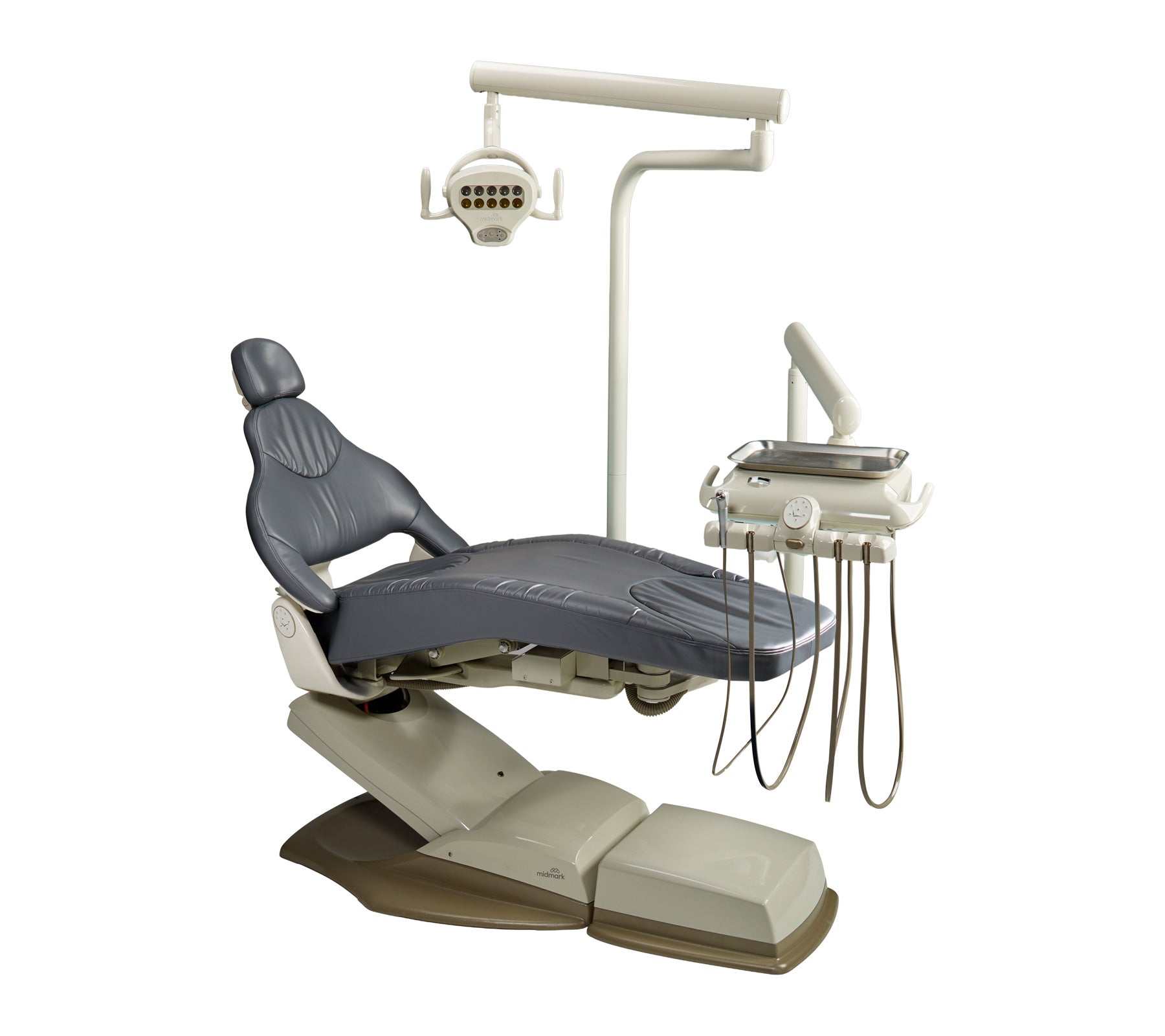 Dental chair with Procenter delivery unit, overhead light and attached instruments on a white background.