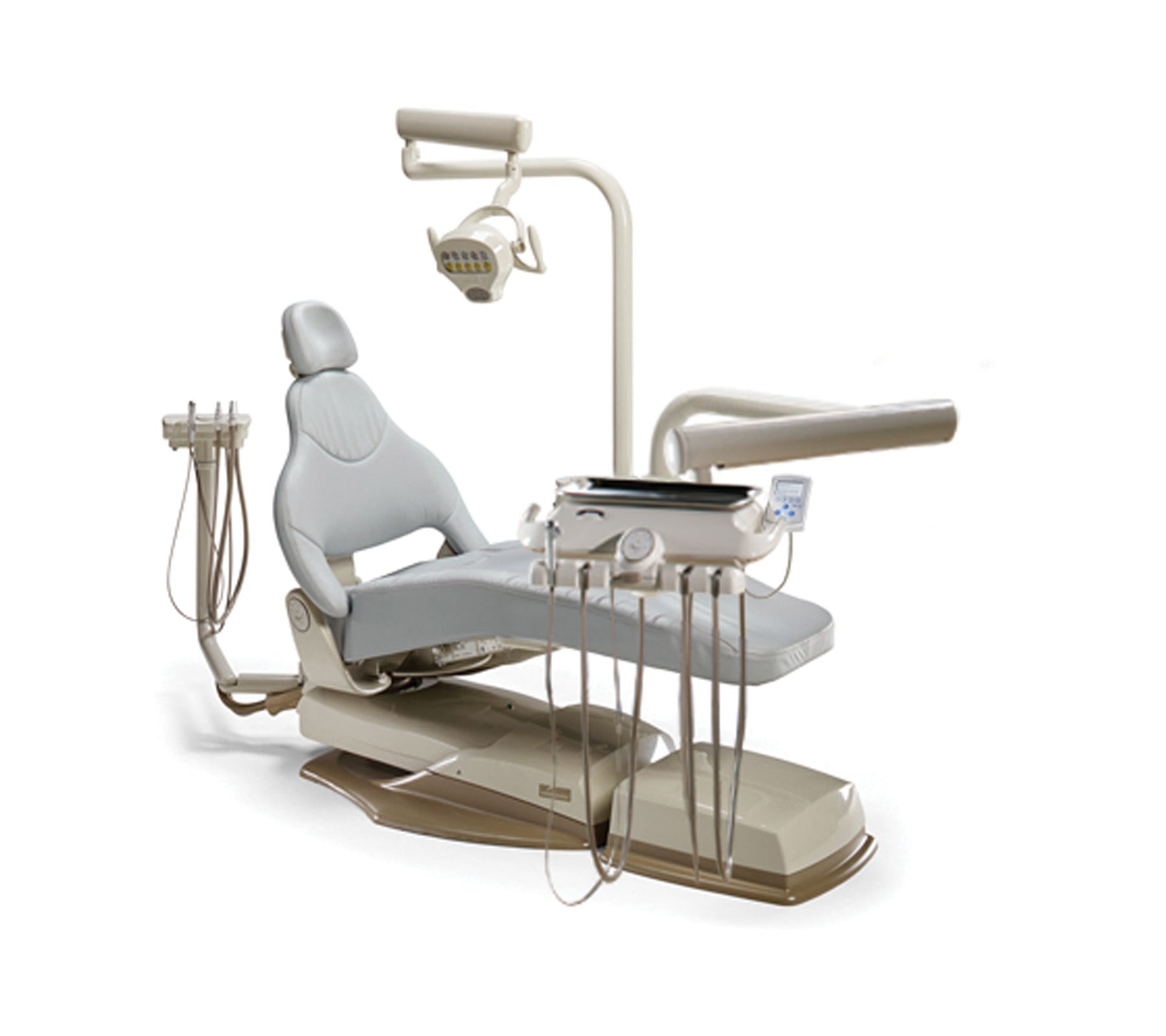 Dental chair with Bien Air delivery system, overhead light and instrument handpieces on a white background.